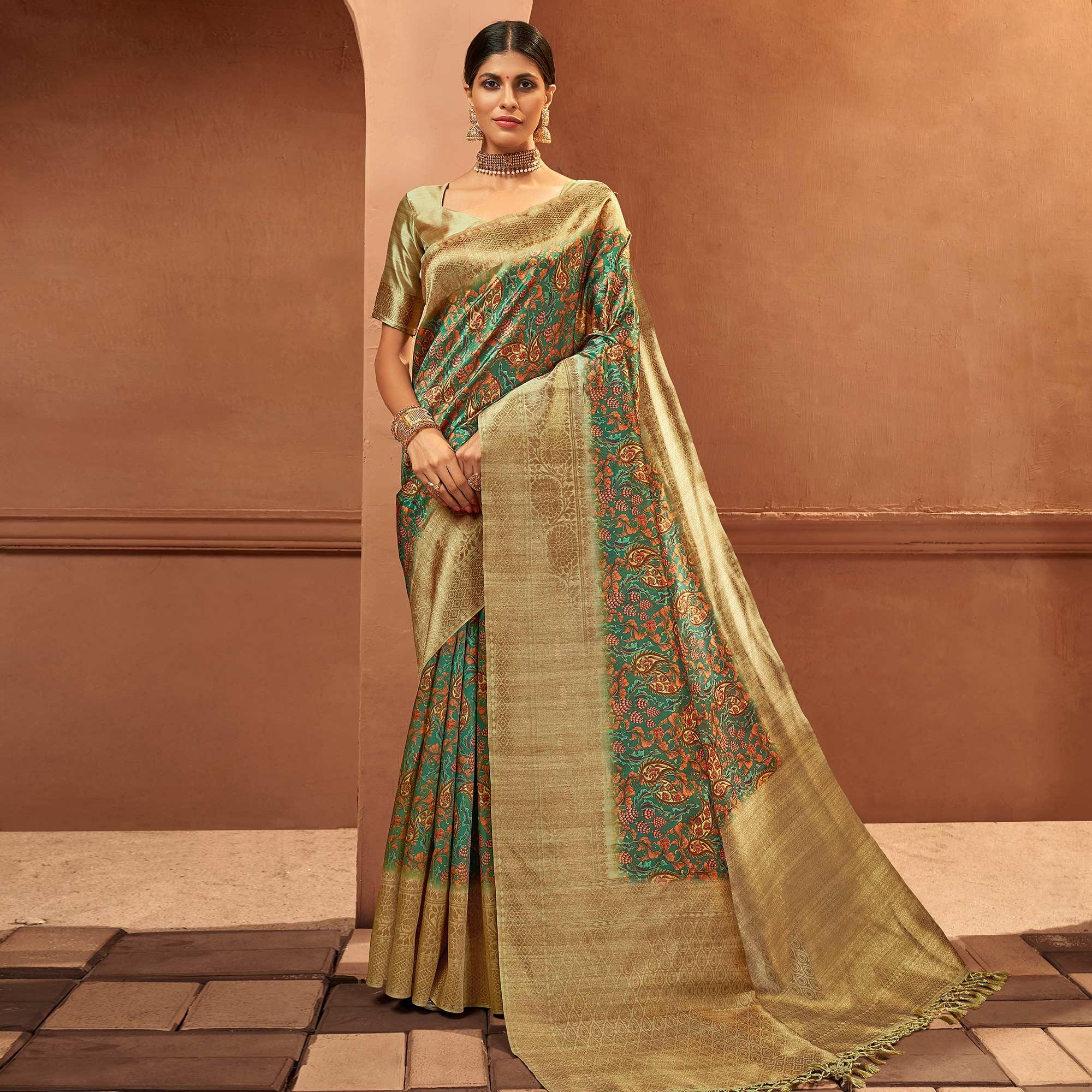 Green Festive Wear Pure Digital Prints Jacquard Silk Saree - Peachmode