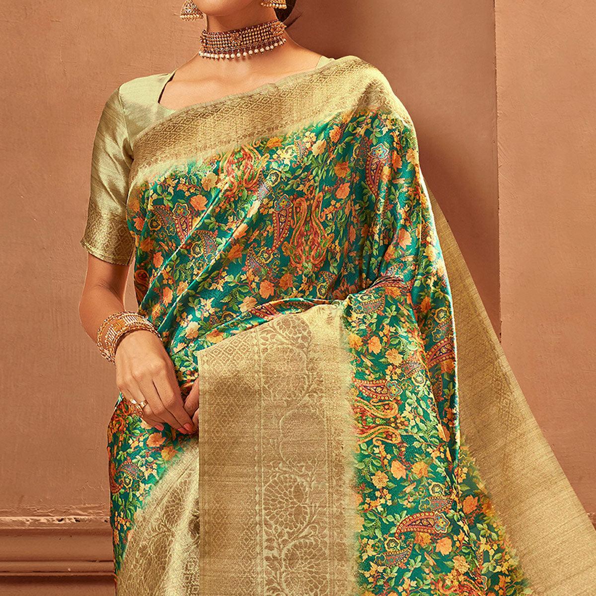 Green Festive Wear Pure Digital Prints Jacquard Silk Saree - Peachmode