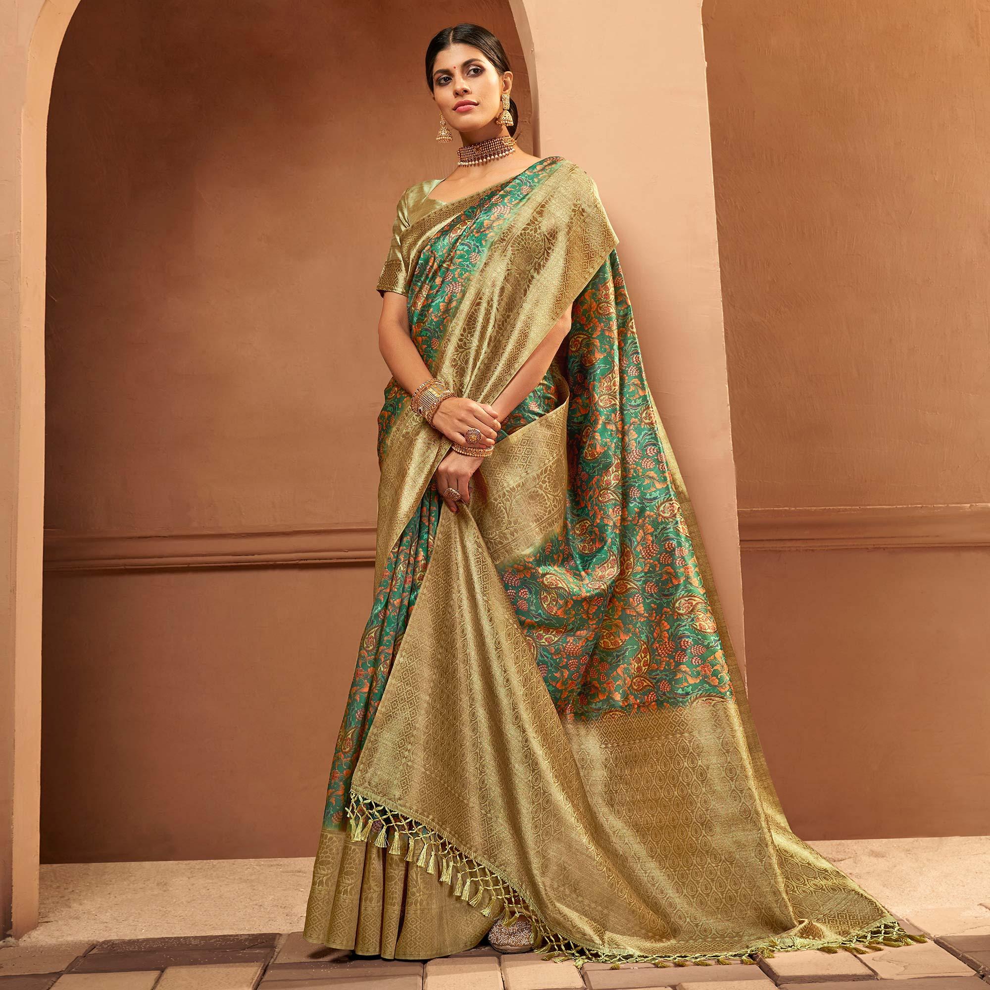 Green Festive Wear Pure Digital Prints Jacquard Silk Saree - Peachmode
