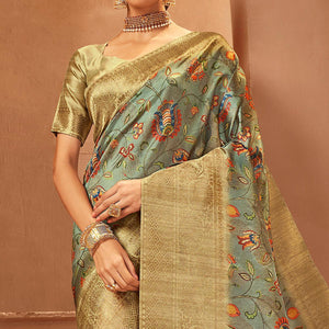 Green Festive Wear Pure Digital Prints Jacquard Silk Saree - Peachmode