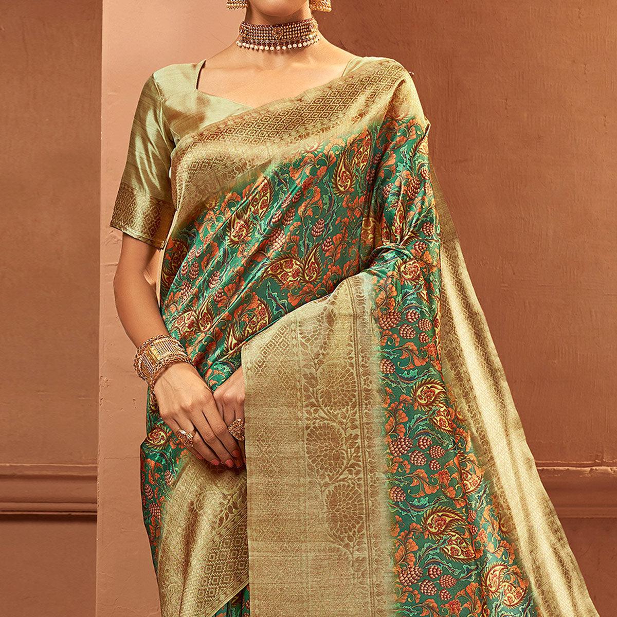 Green Festive Wear Pure Digital Prints Jacquard Silk Saree - Peachmode