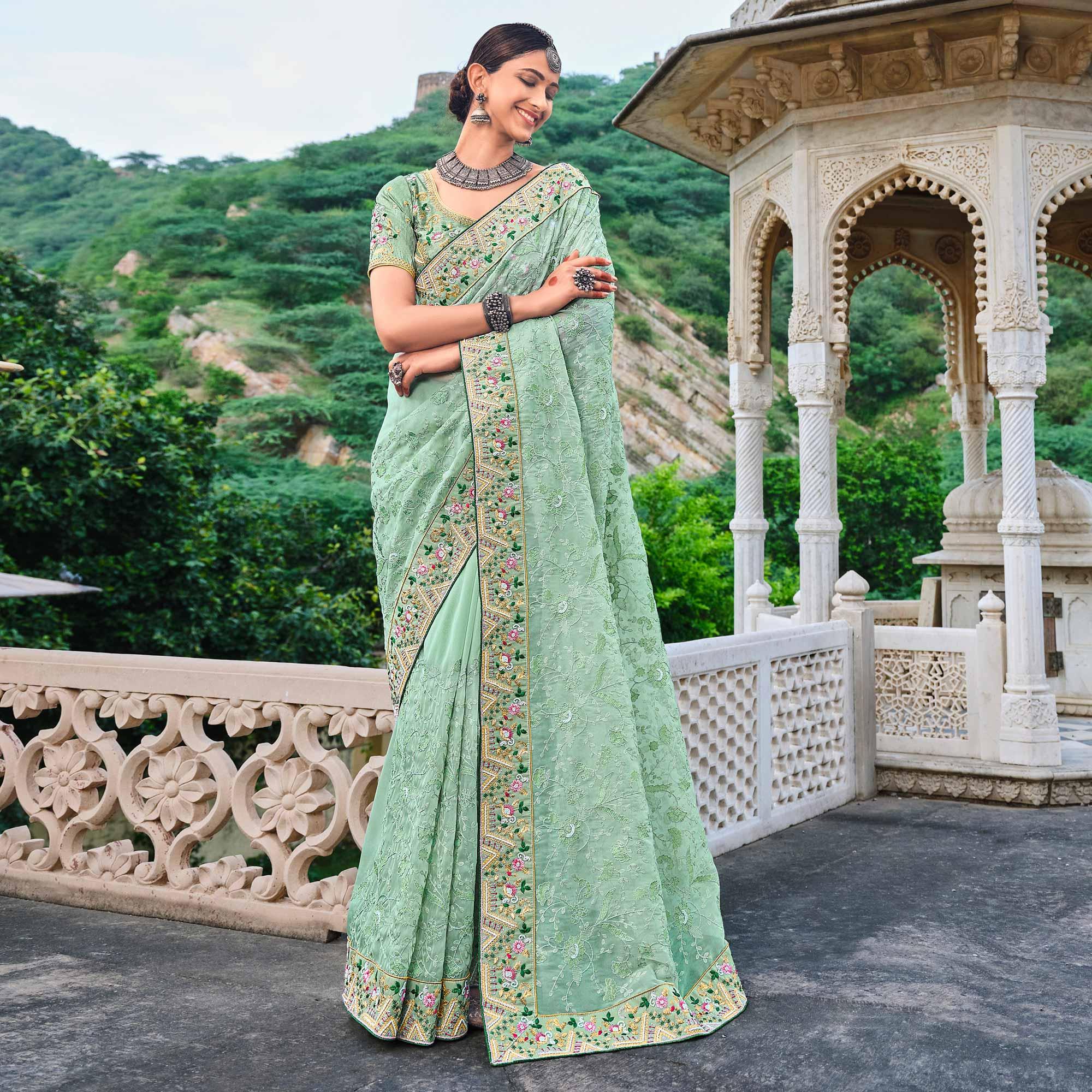 Green Festive Wear Pure Kachhi Embellished Organza Saree - Peachmode