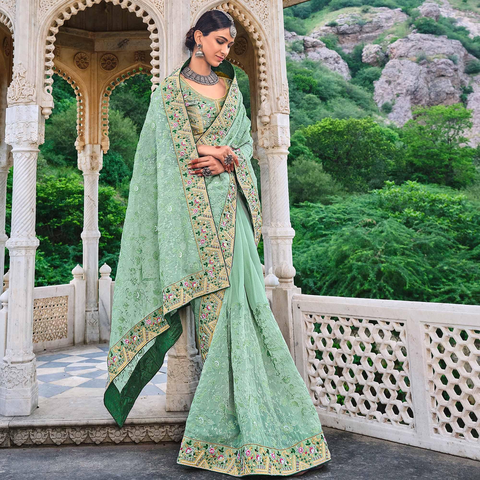 Green Festive Wear Pure Kachhi Embellished Organza Saree - Peachmode