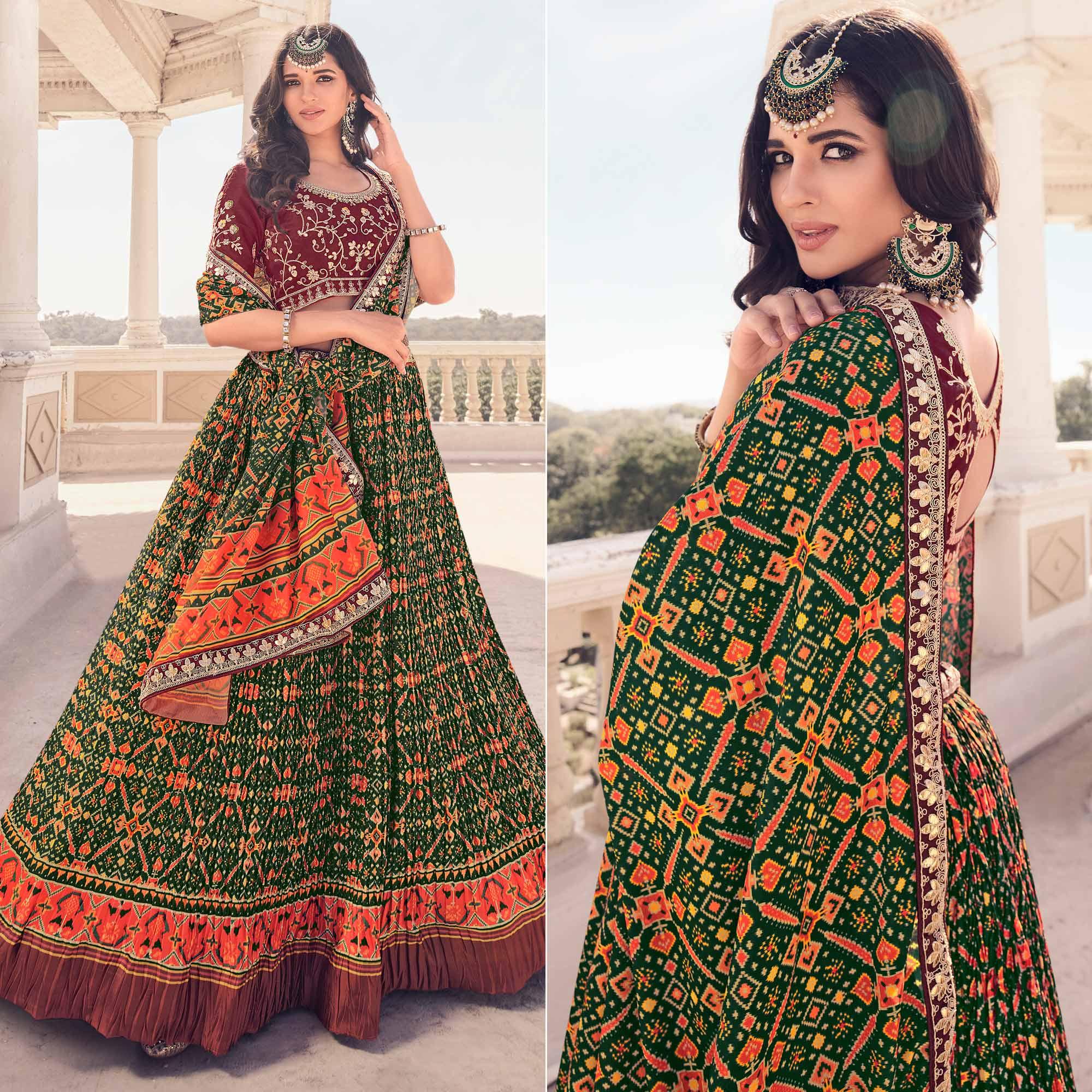 Green Festive Wear Satin Digital Floral Printed Lehenga Choli - Peachmode