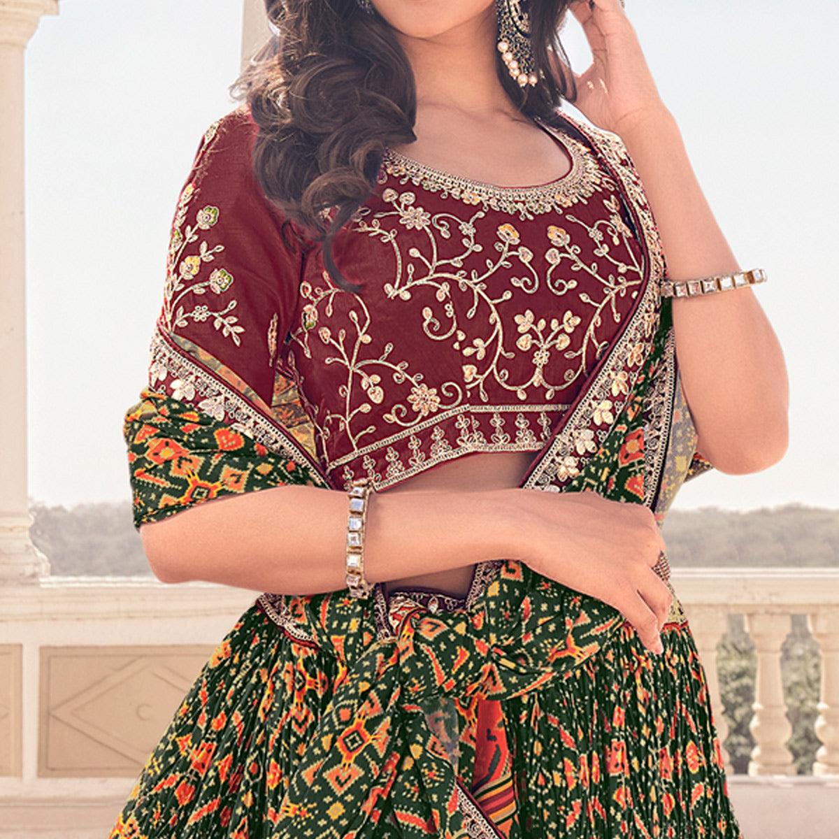 Green Festive Wear Satin Digital Floral Printed Lehenga Choli - Peachmode