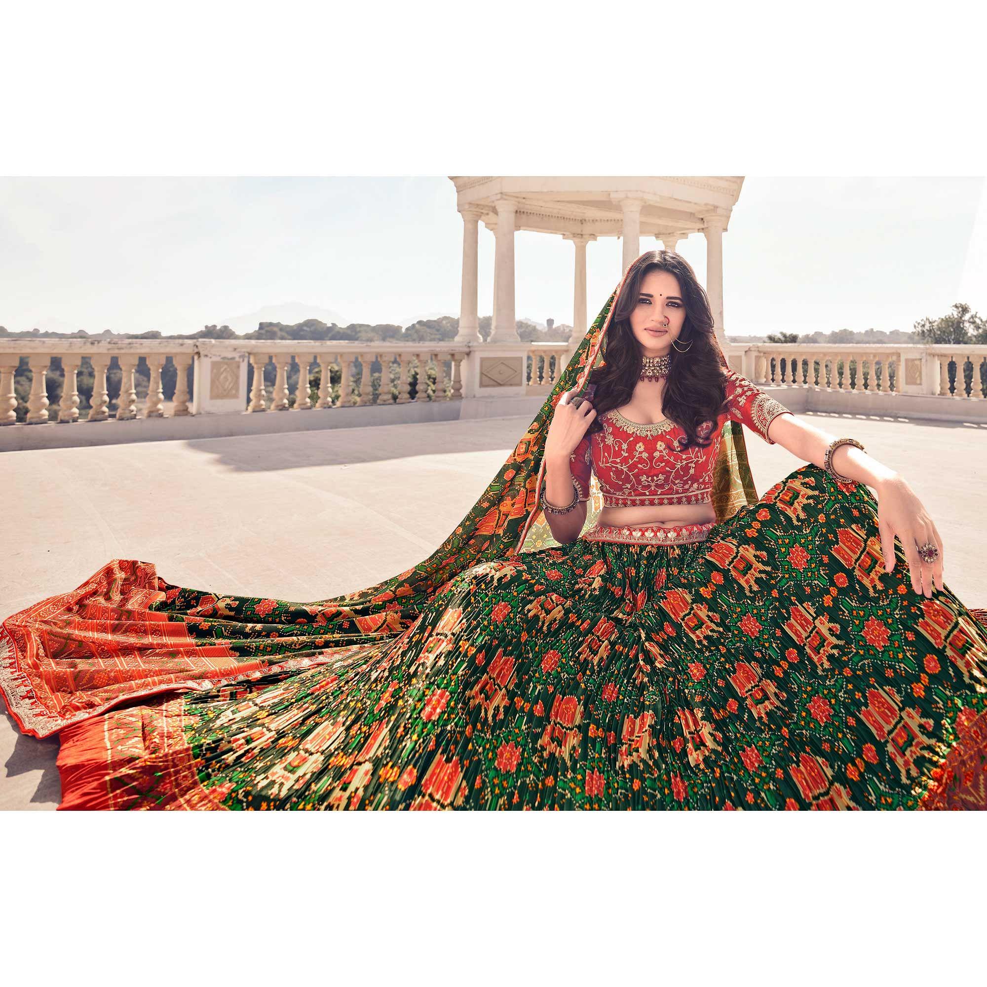 Green Festive Wear Satin Digital Printed Lehenga Choli - Peachmode
