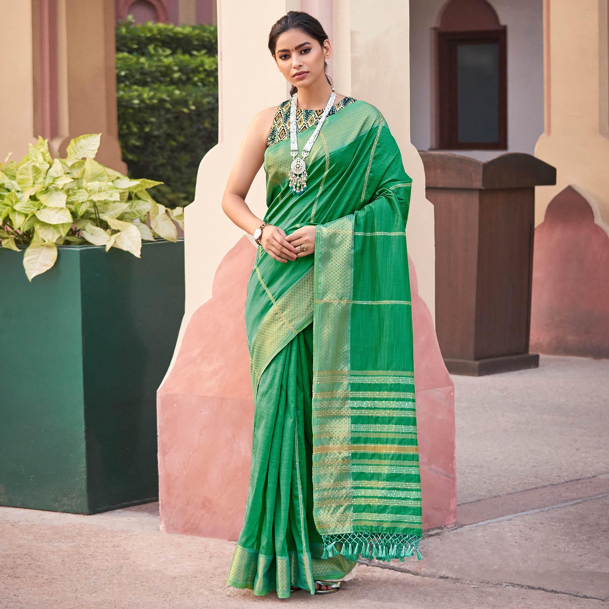 Green Festive Wear Sequence Digital Work Silk Saree - Peachmode