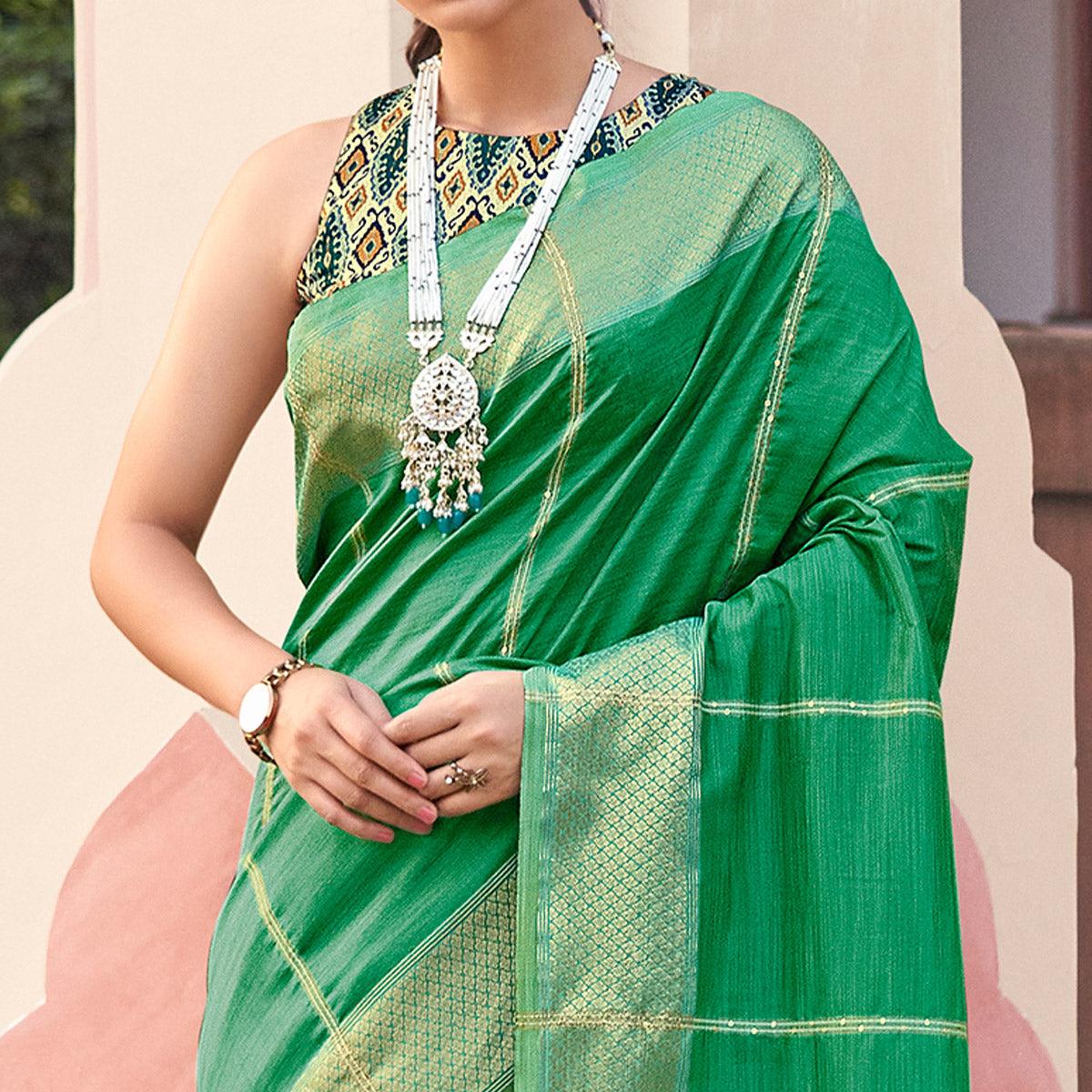 Green Festive Wear Sequence Digital Work Silk Saree - Peachmode