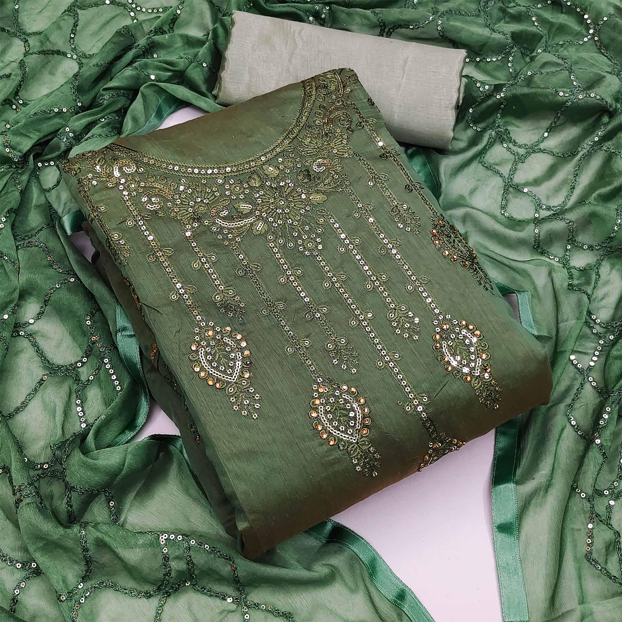 Green Festive Wear Sequence Embroidered Chanderi Dress Material - Peachmode