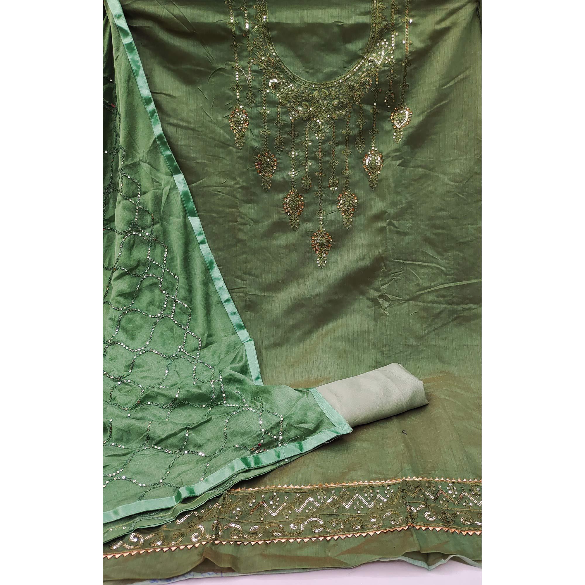 Green Festive Wear Sequence Embroidered Chanderi Dress Material - Peachmode