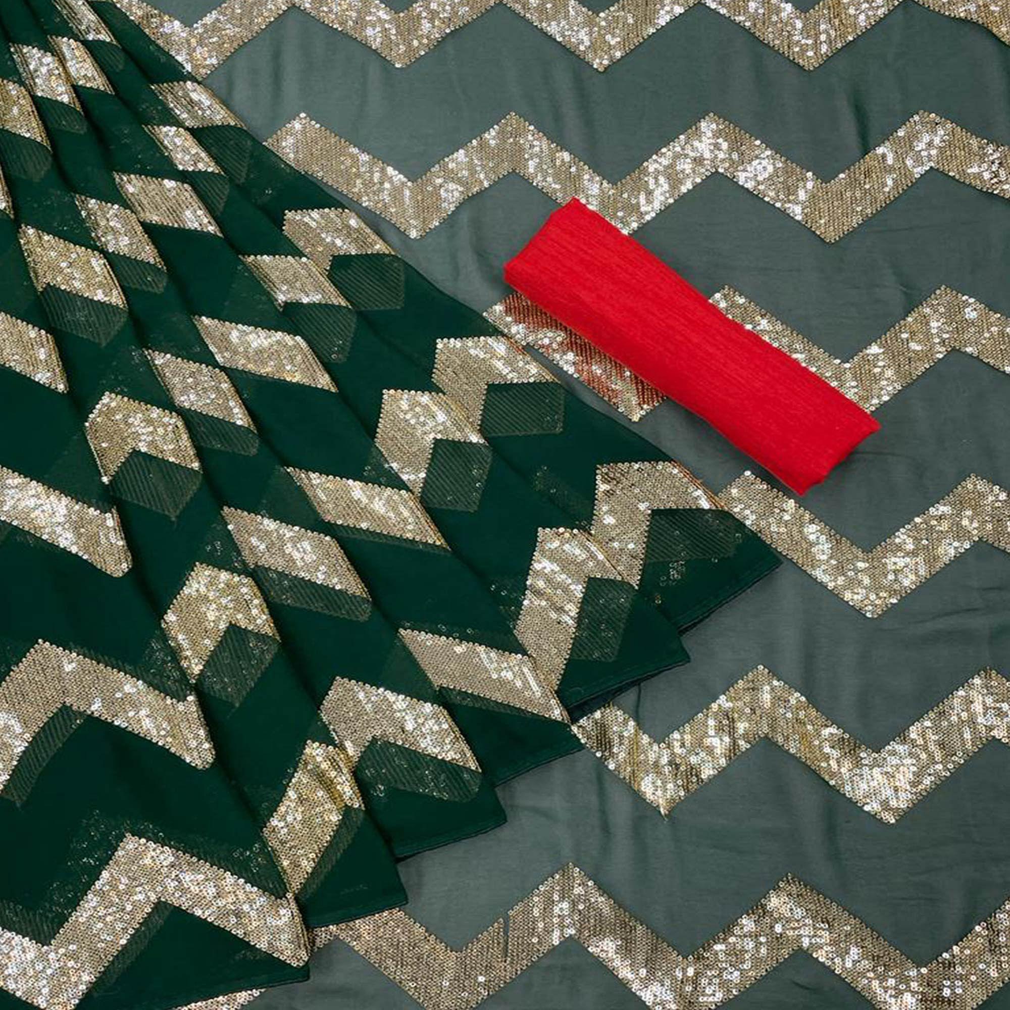 Green Festive Wear Sequence Embroidered Georgette Saree - Peachmode