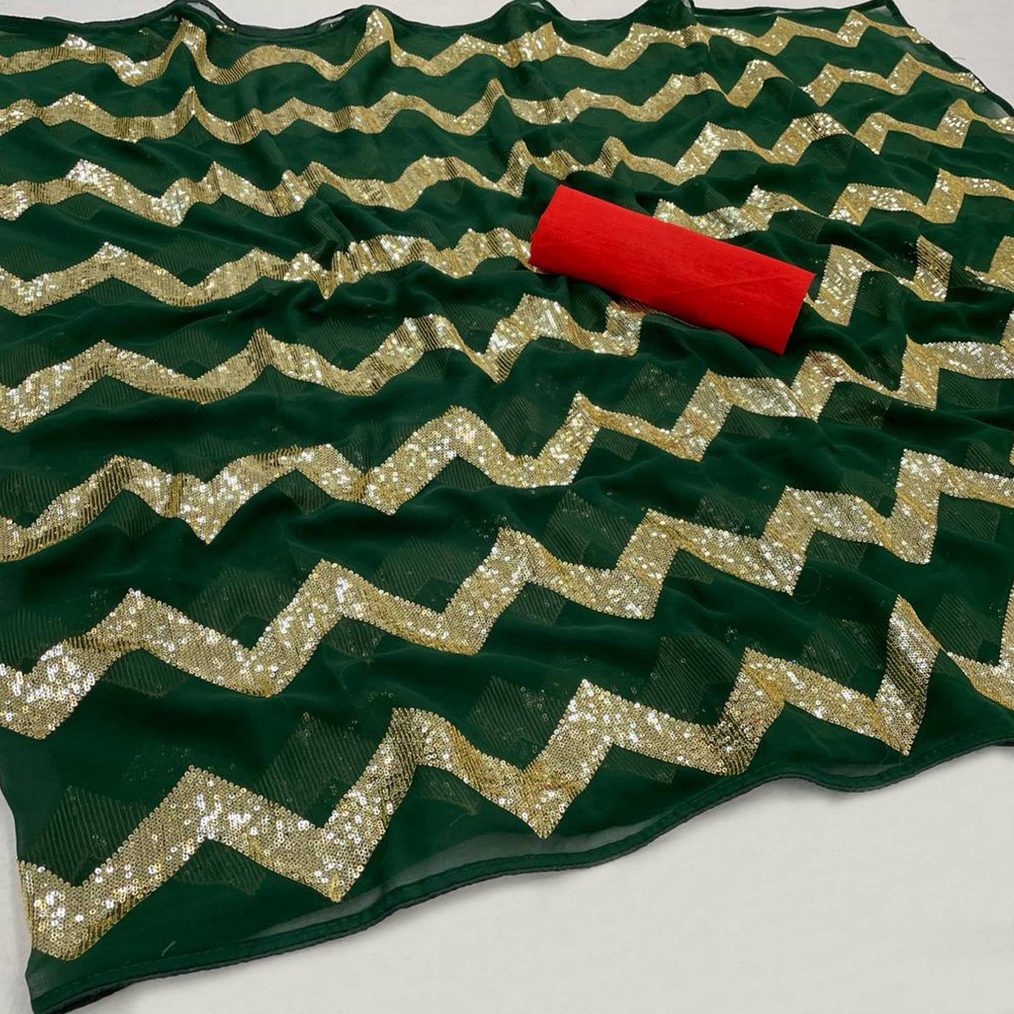 Green Festive Wear Sequence Embroidered Georgette Saree - Peachmode