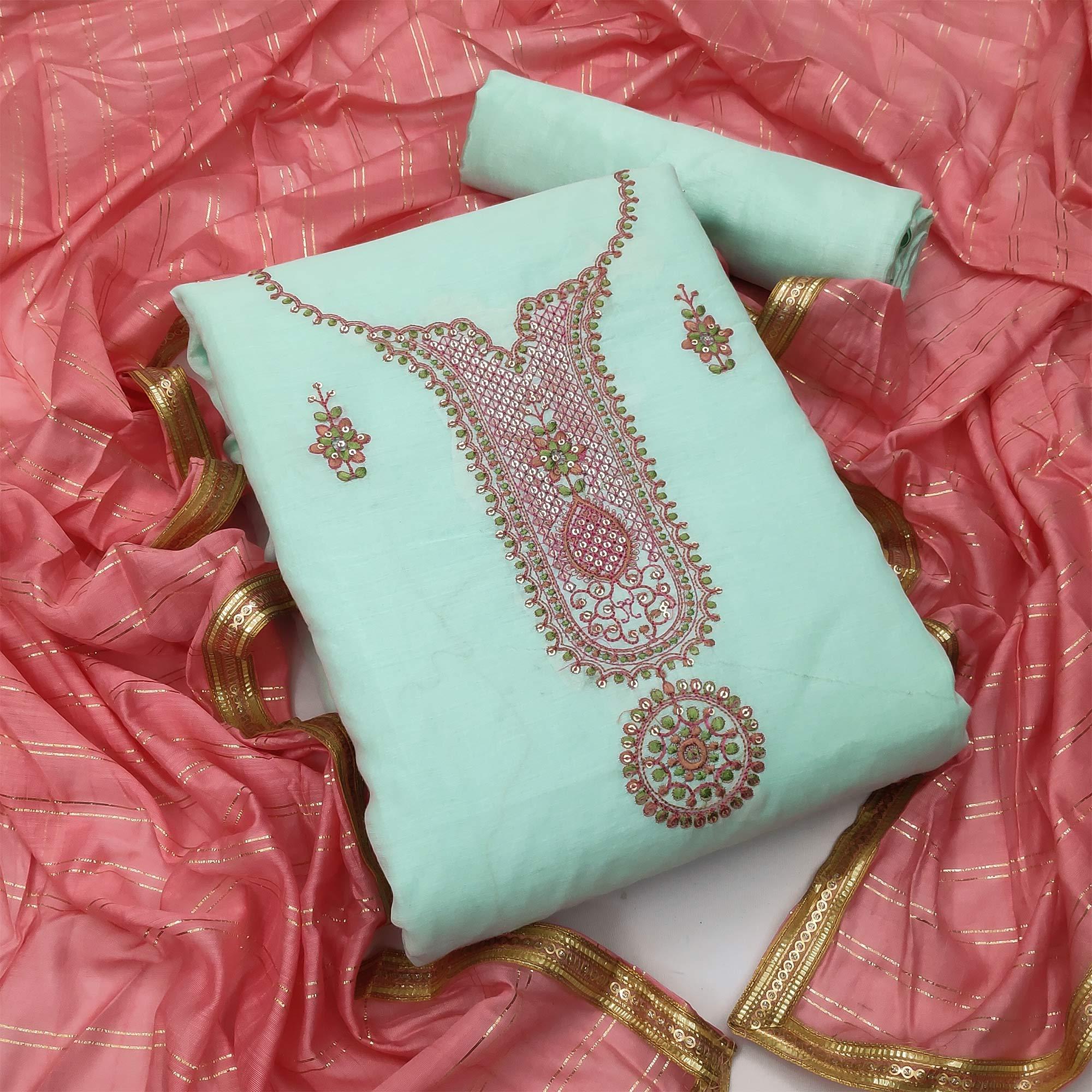 Green Festive Wear Sequence Embroidery With Handwork Modal Chanderi Dress Material - Peachmode