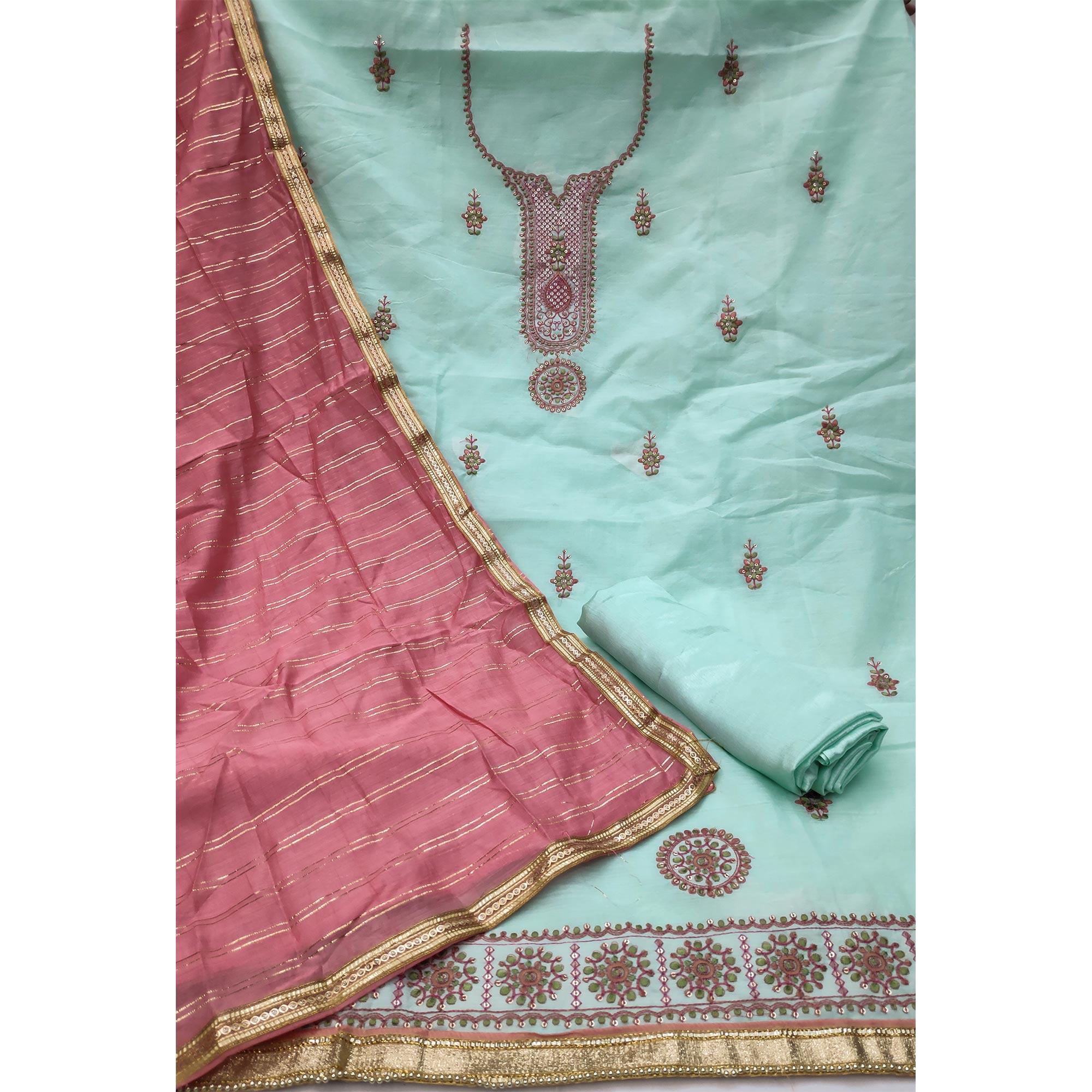 Green Festive Wear Sequence Embroidery With Handwork Modal Chanderi Dress Material - Peachmode