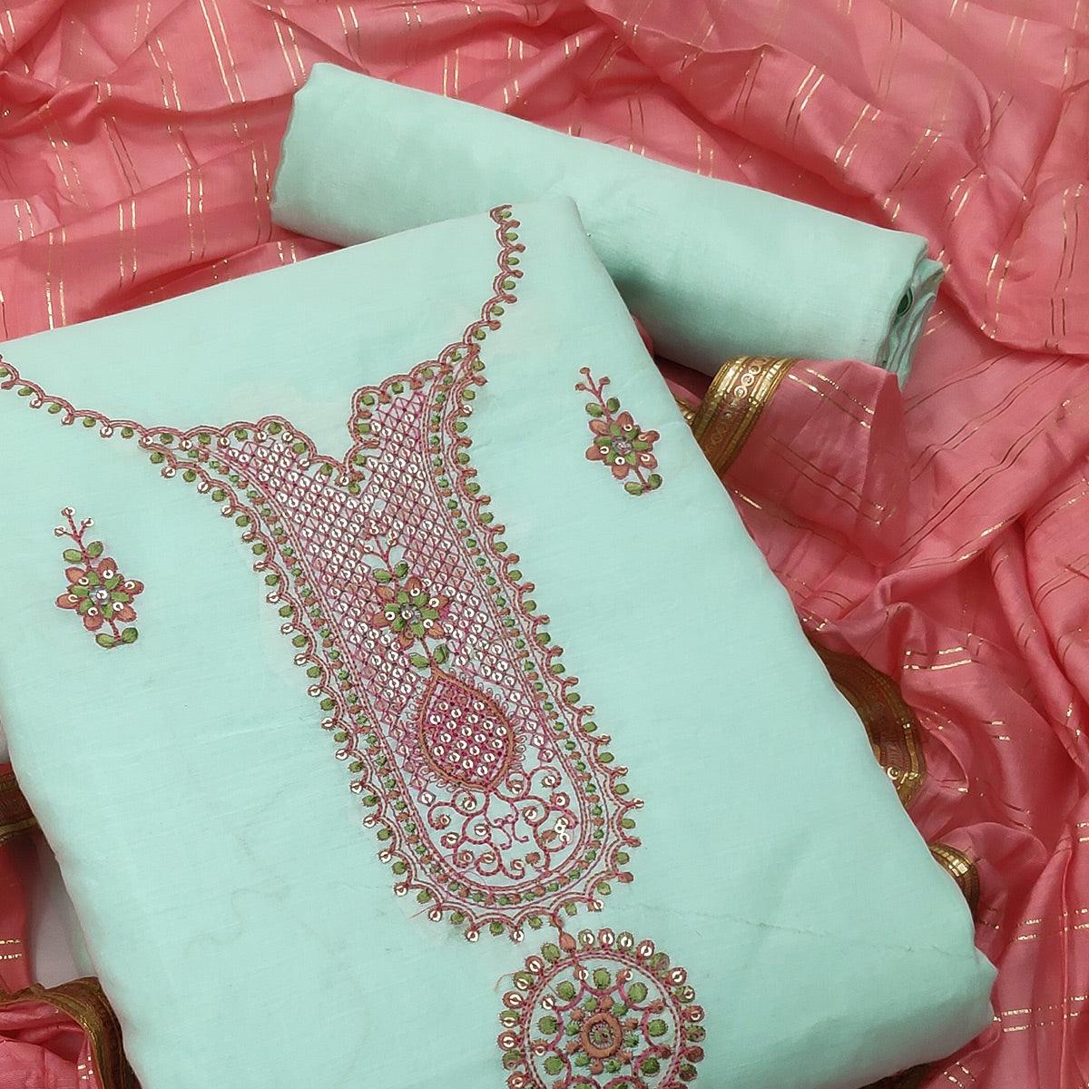 Green Festive Wear Sequence Embroidery With Handwork Modal Chanderi Dress Material - Peachmode