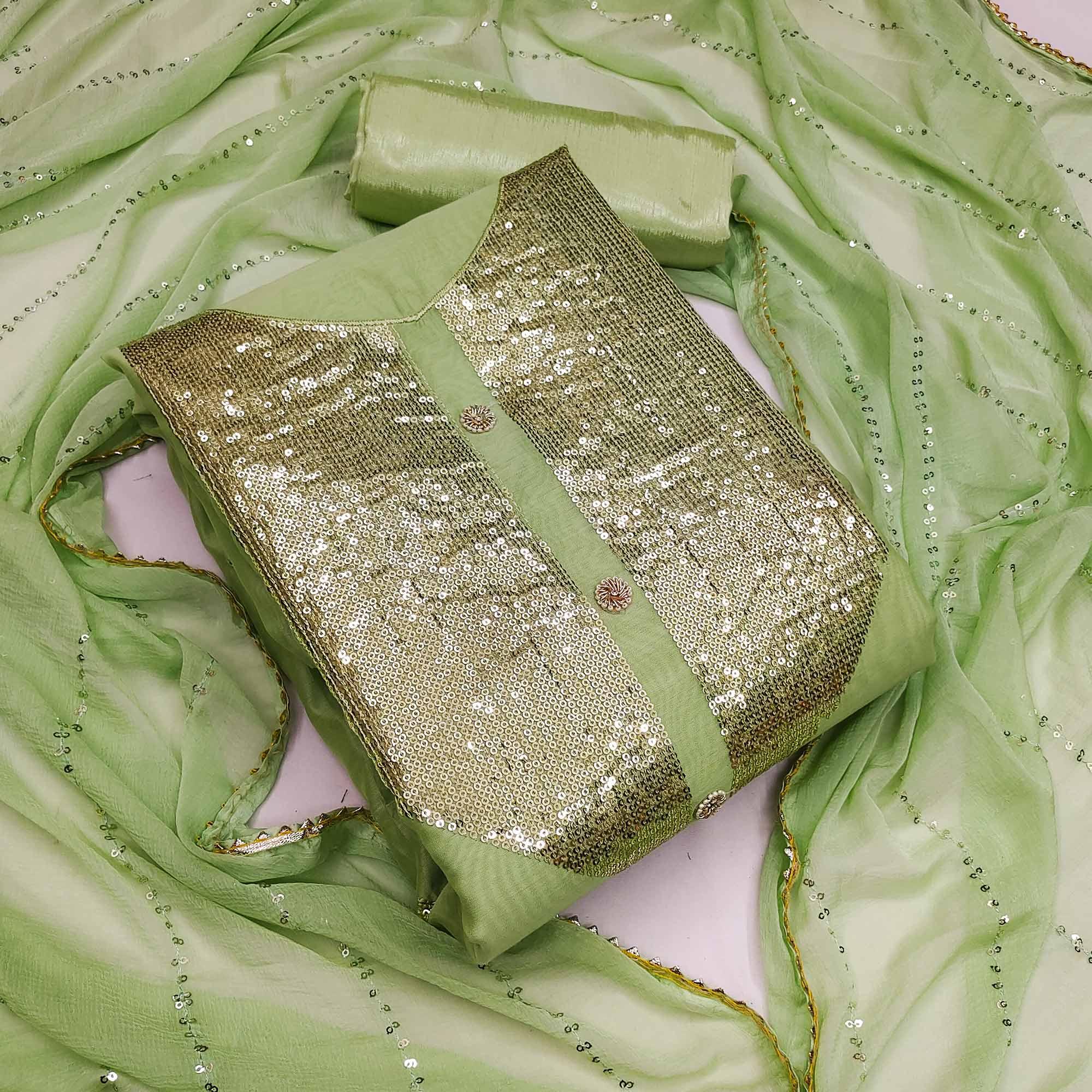 Green Festive Wear Sequence With Handwork Modal Dress Material - Peachmode