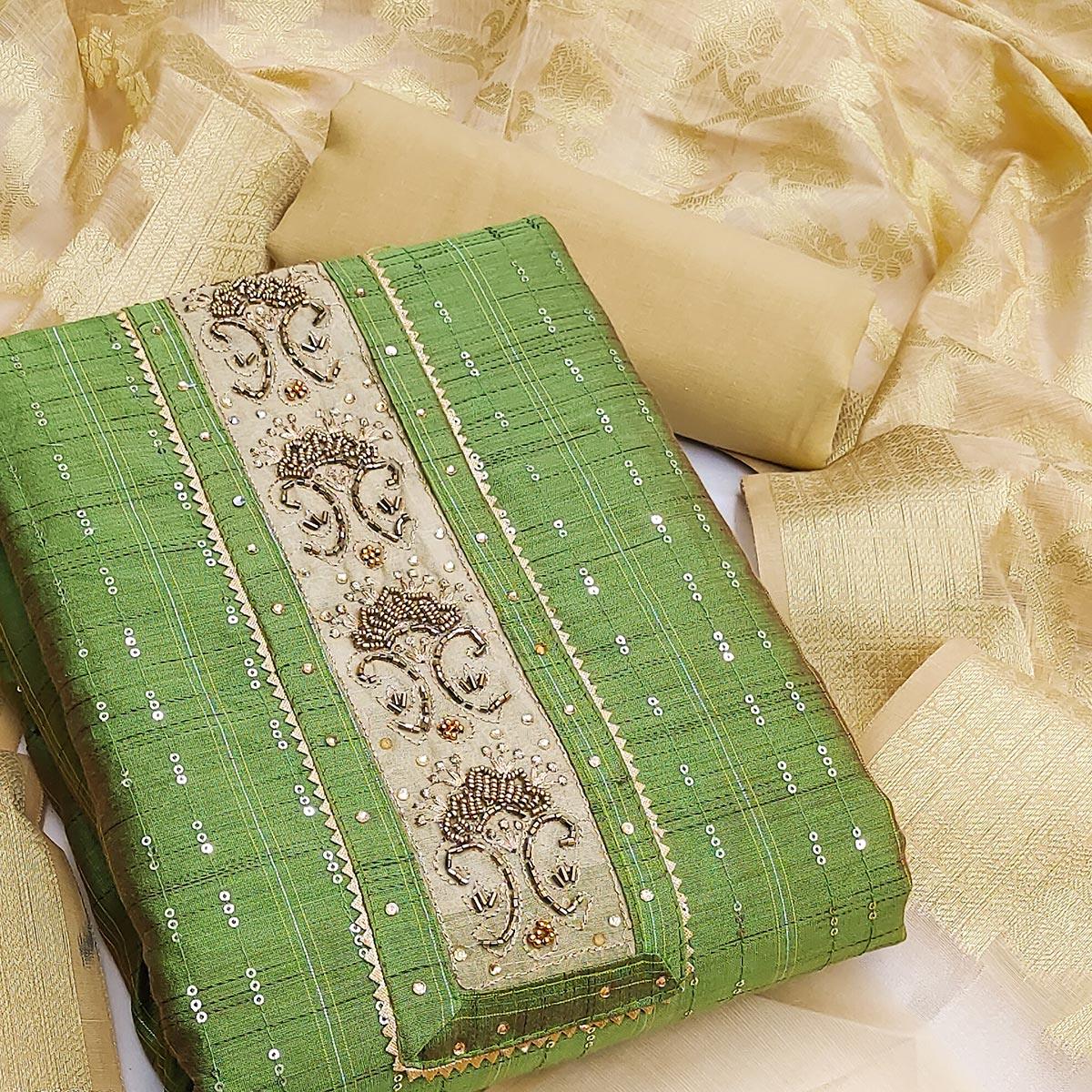 Green Festive Wear Sequence Work Chanderi Dress Material - Peachmode