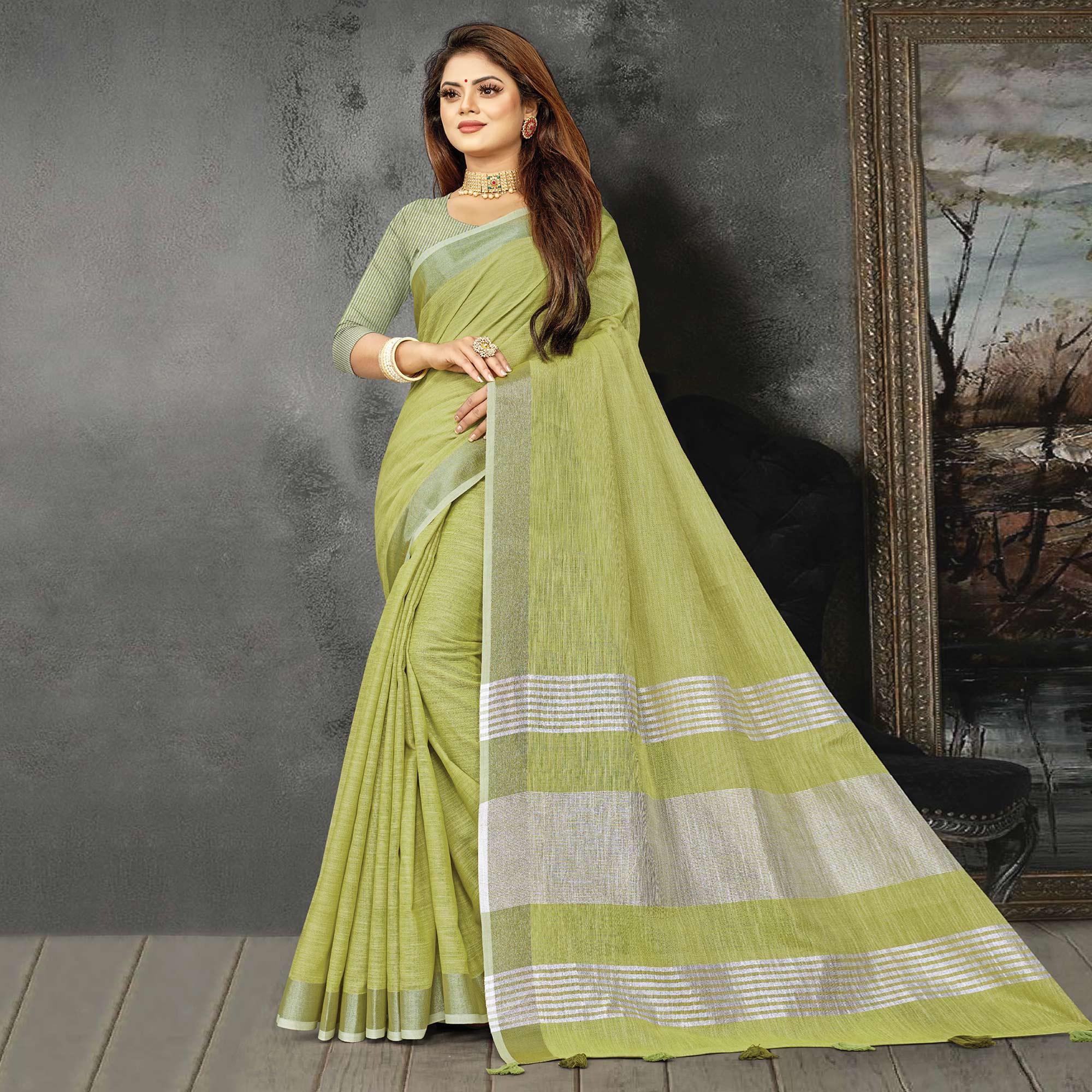 Green Festive Wear Solid Linen Saree - Peachmode