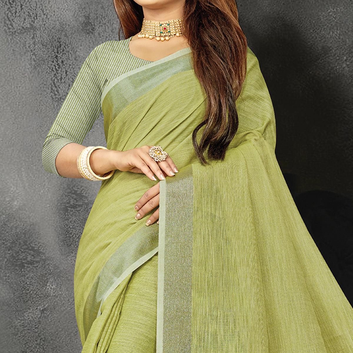 Green Festive Wear Solid Linen Saree - Peachmode
