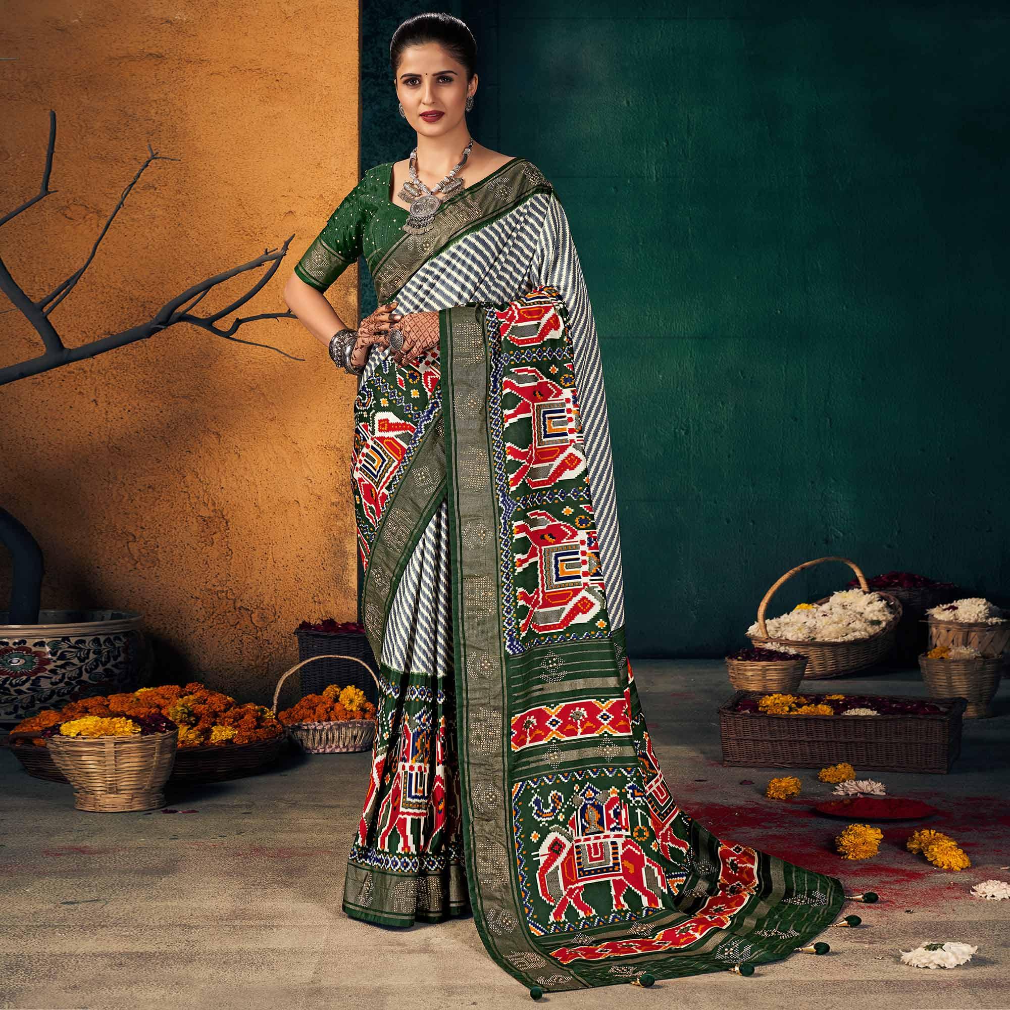 Green Festive Wear Striped Printed With Foil Border Dola Silk Saree - Peachmode