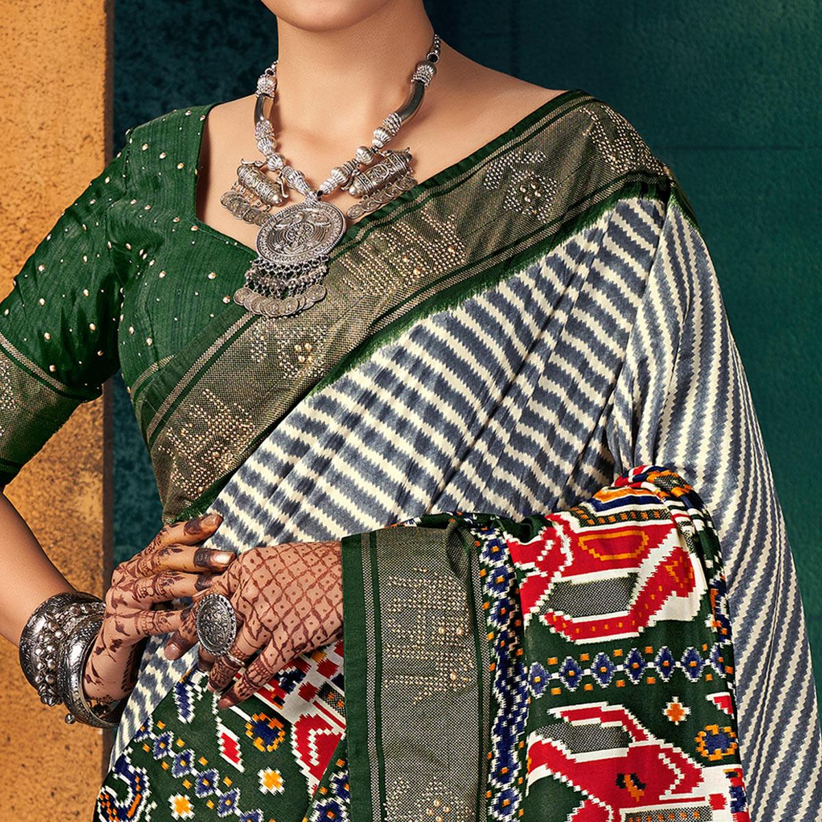 Green Festive Wear Striped Printed With Foil Border Dola Silk Saree - Peachmode