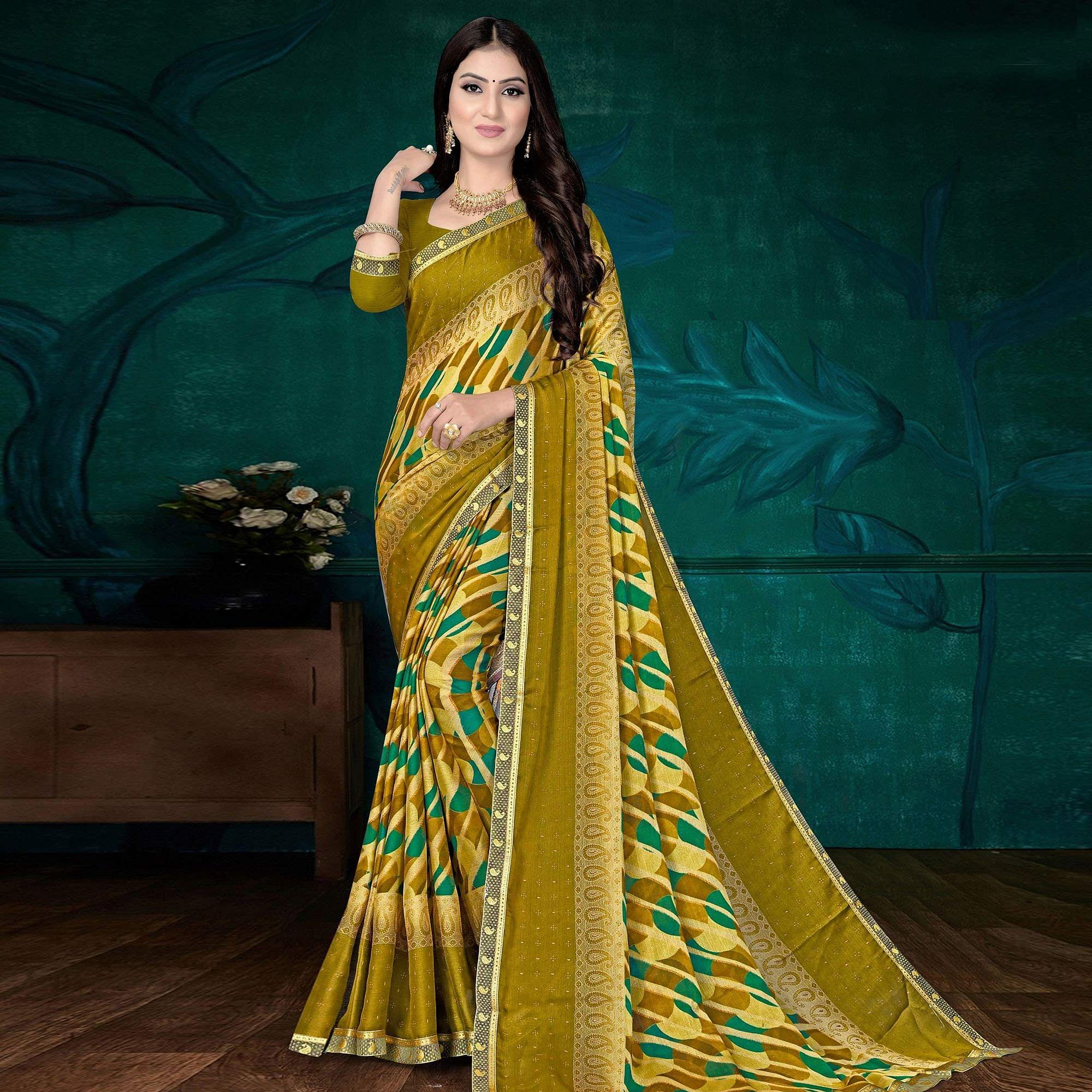 Green Festive Wear Stripes Printed Work Chiffon Designer Saree - Peachmode
