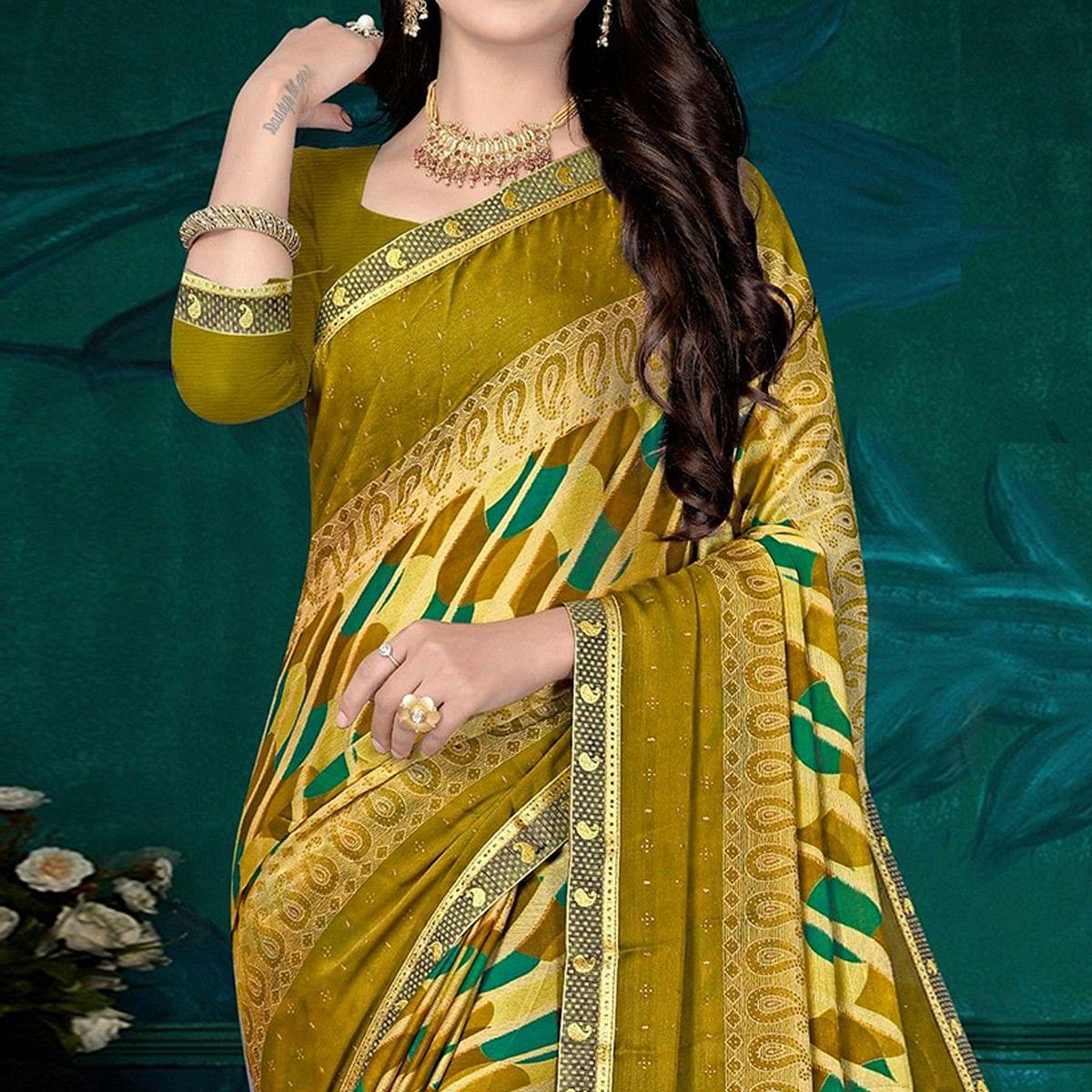 Green Festive Wear Stripes Printed Work Chiffon Designer Saree - Peachmode