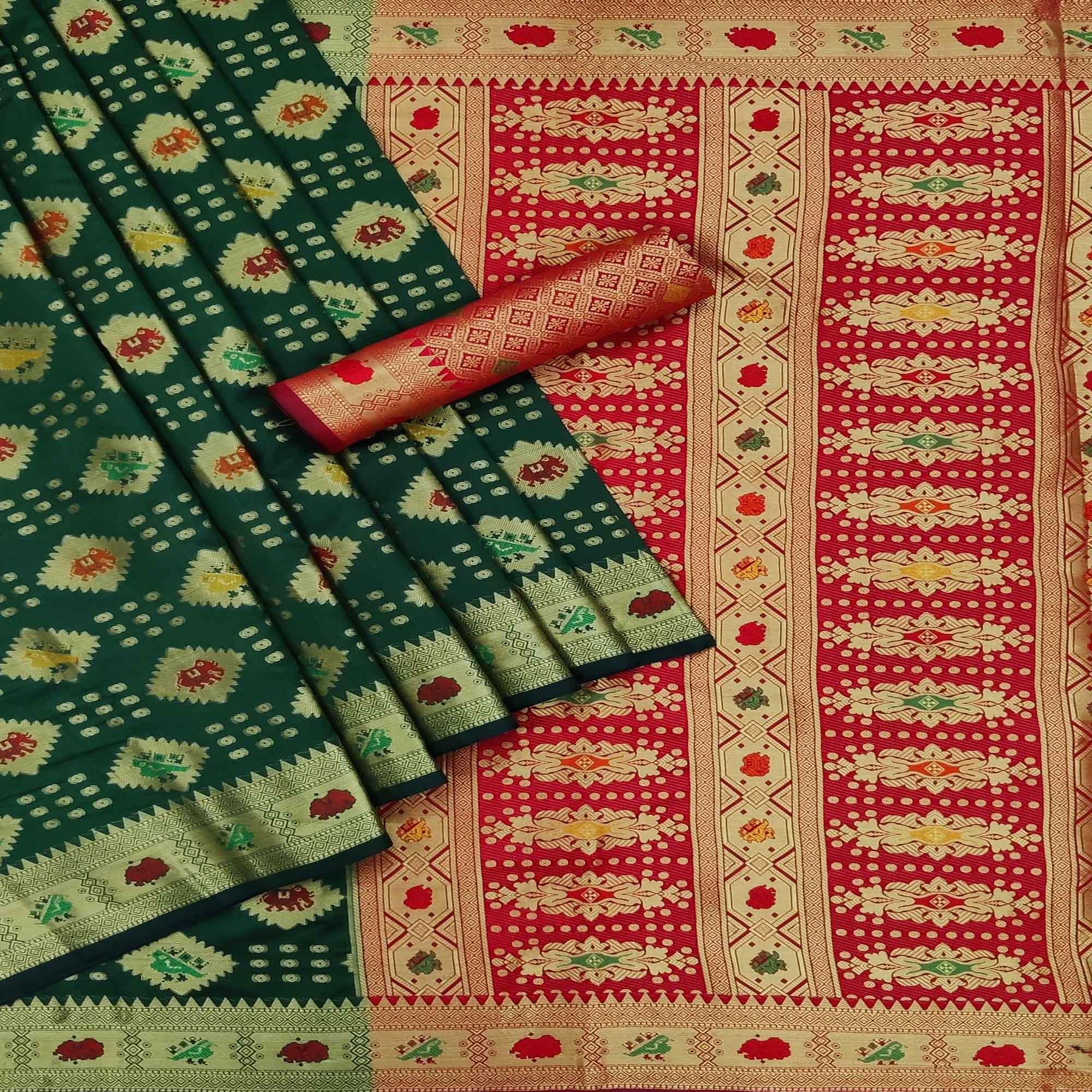 Green Festive Wear Weaving Silk Saree - Peachmode