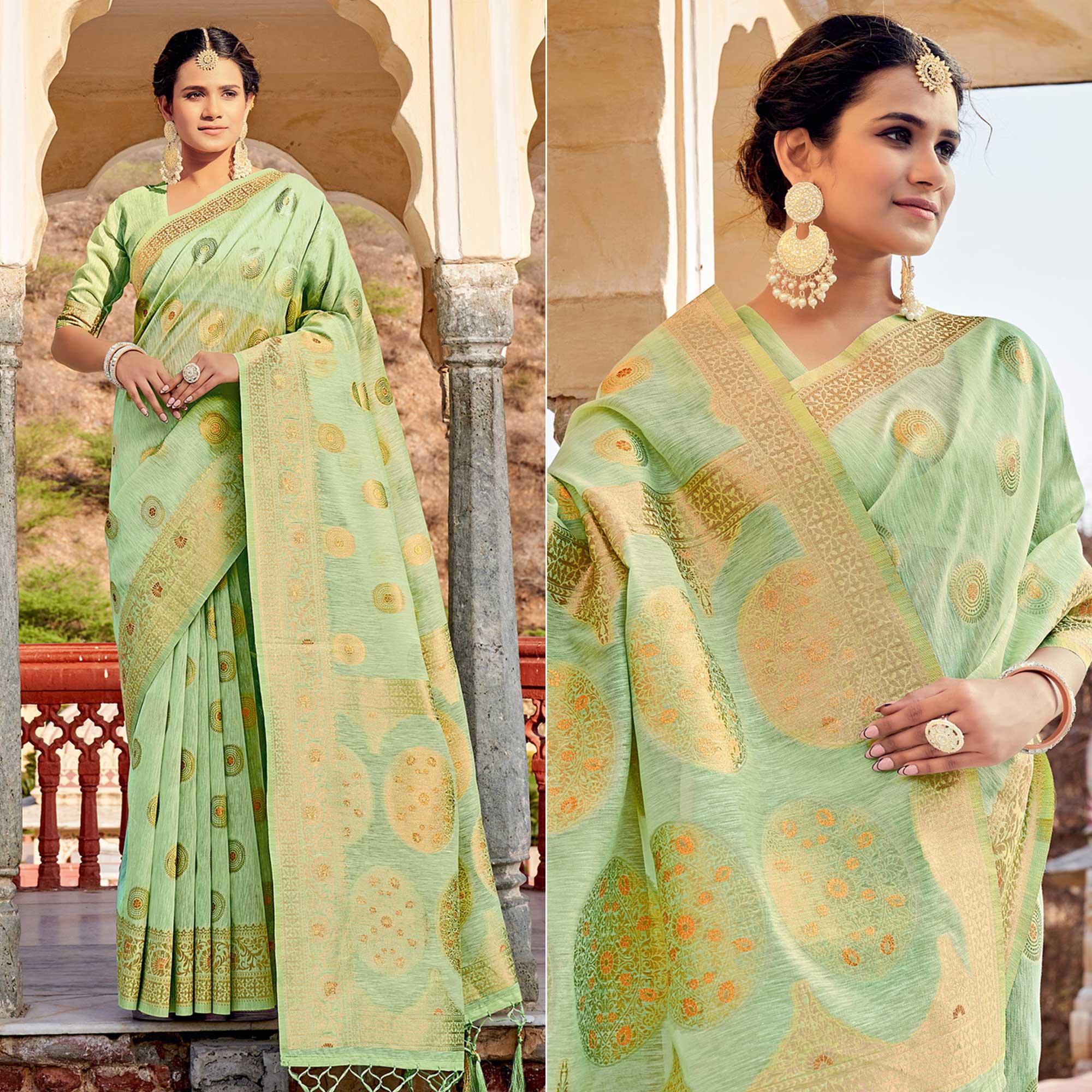 Green Festive Wear Weaving Work Linen Saree With Tassels - Peachmode