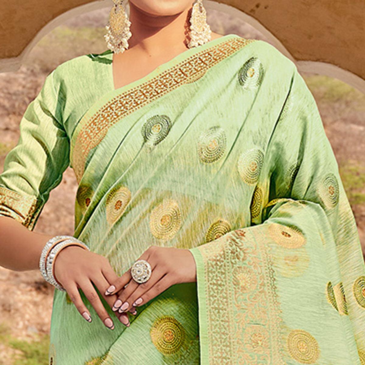 Green Festive Wear Weaving Work Linen Saree With Tassels - Peachmode