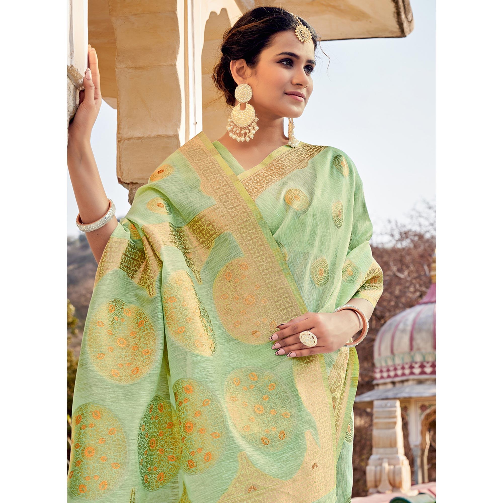 Green Festive Wear Weaving Work Linen Saree With Tassels - Peachmode