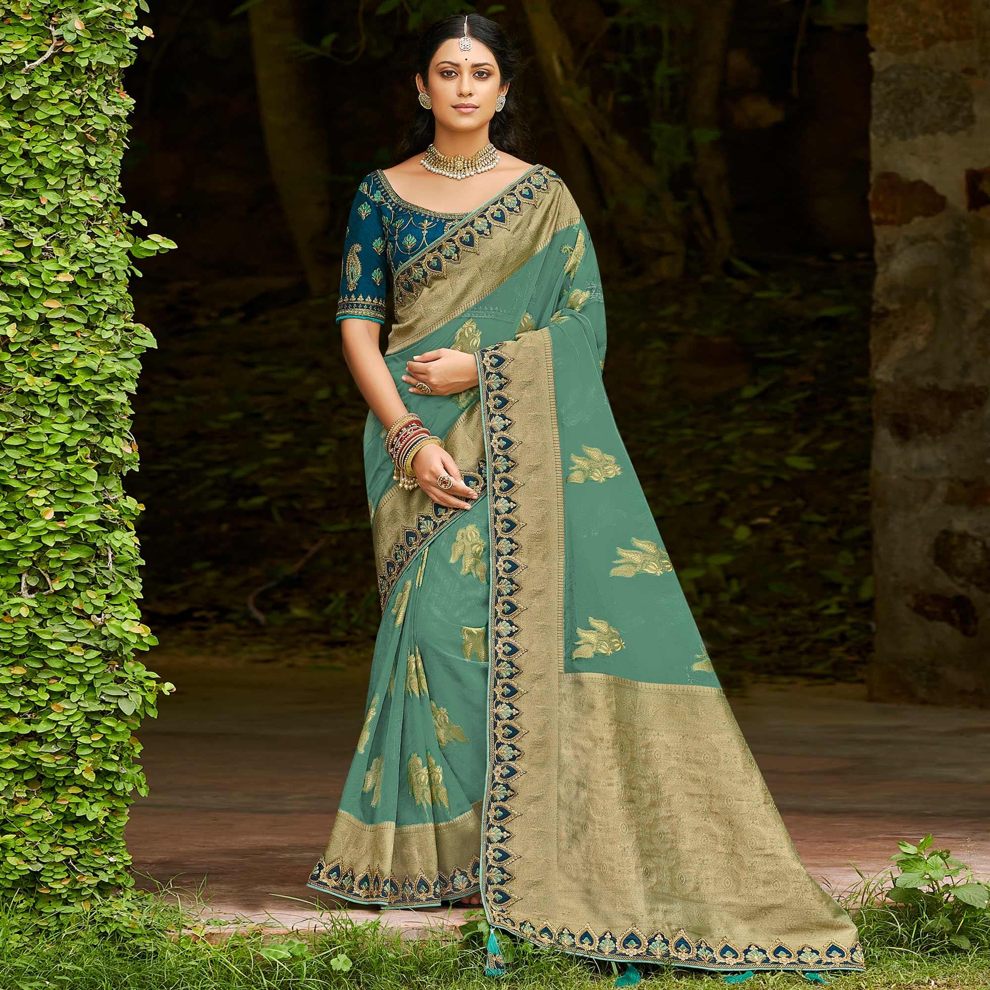 Green Festive Wear Woven & Embroidered Organza Saree - Peachmode