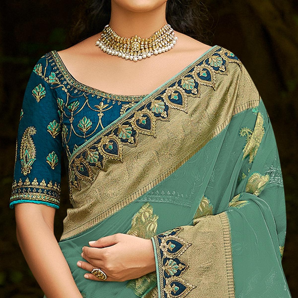 Green Festive Wear Woven & Embroidered Organza Saree - Peachmode