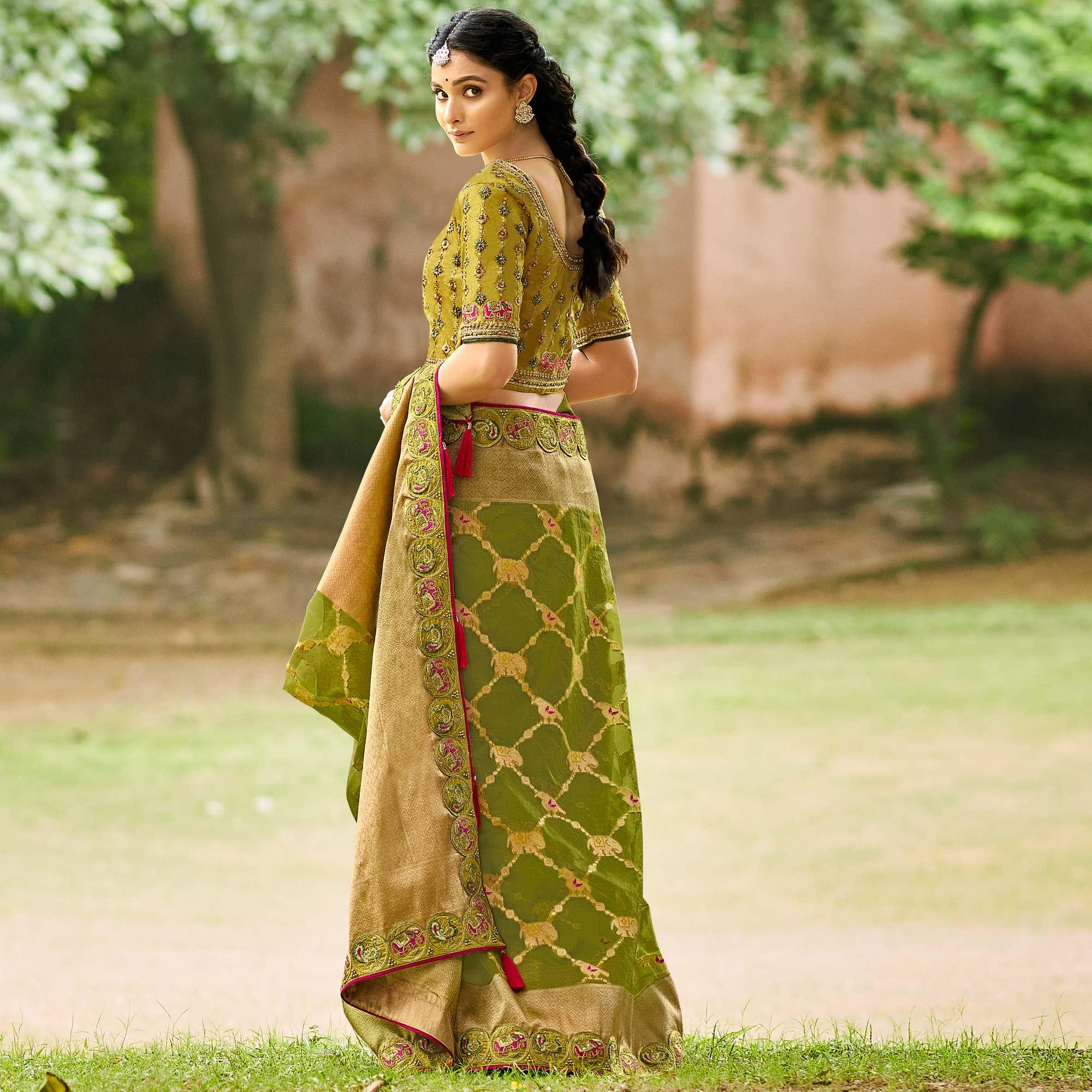 Green Festive Wear Woven & Embroidered Organza Saree - Peachmode