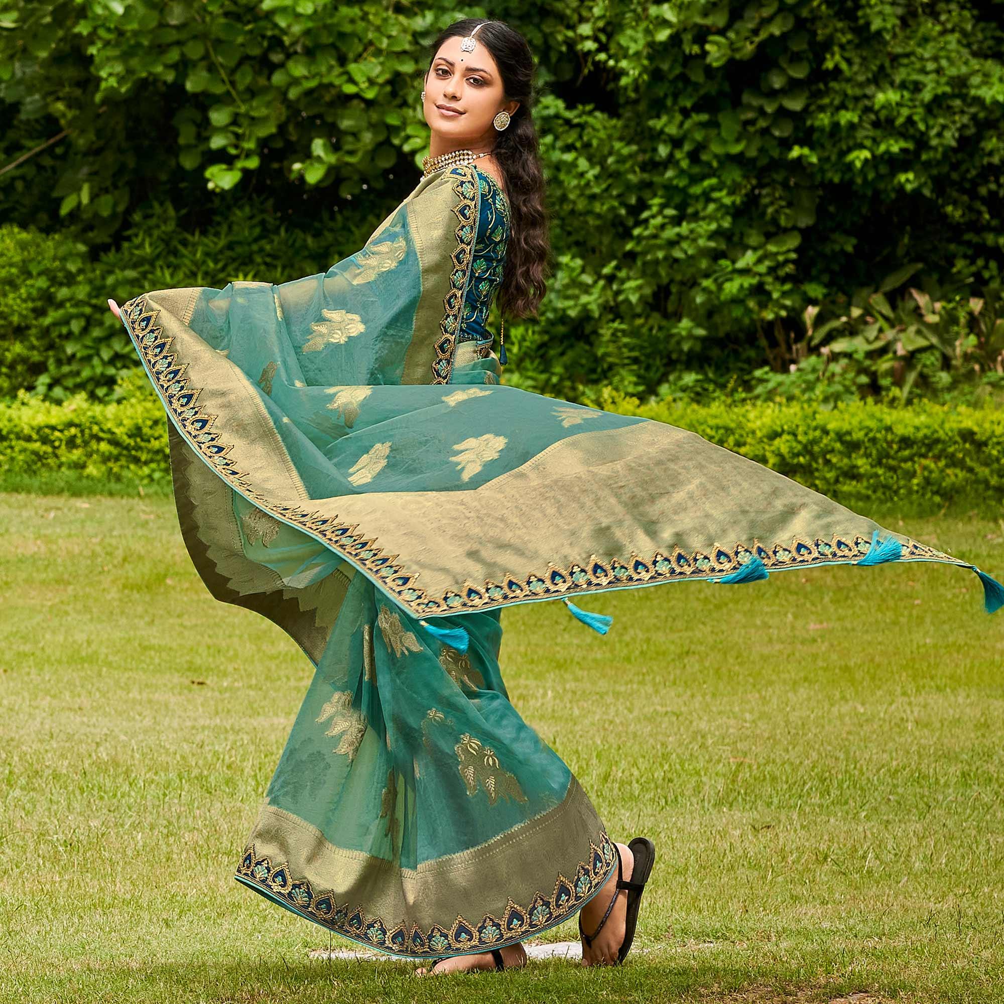 Green Festive Wear Woven & Embroidered Organza Saree - Peachmode