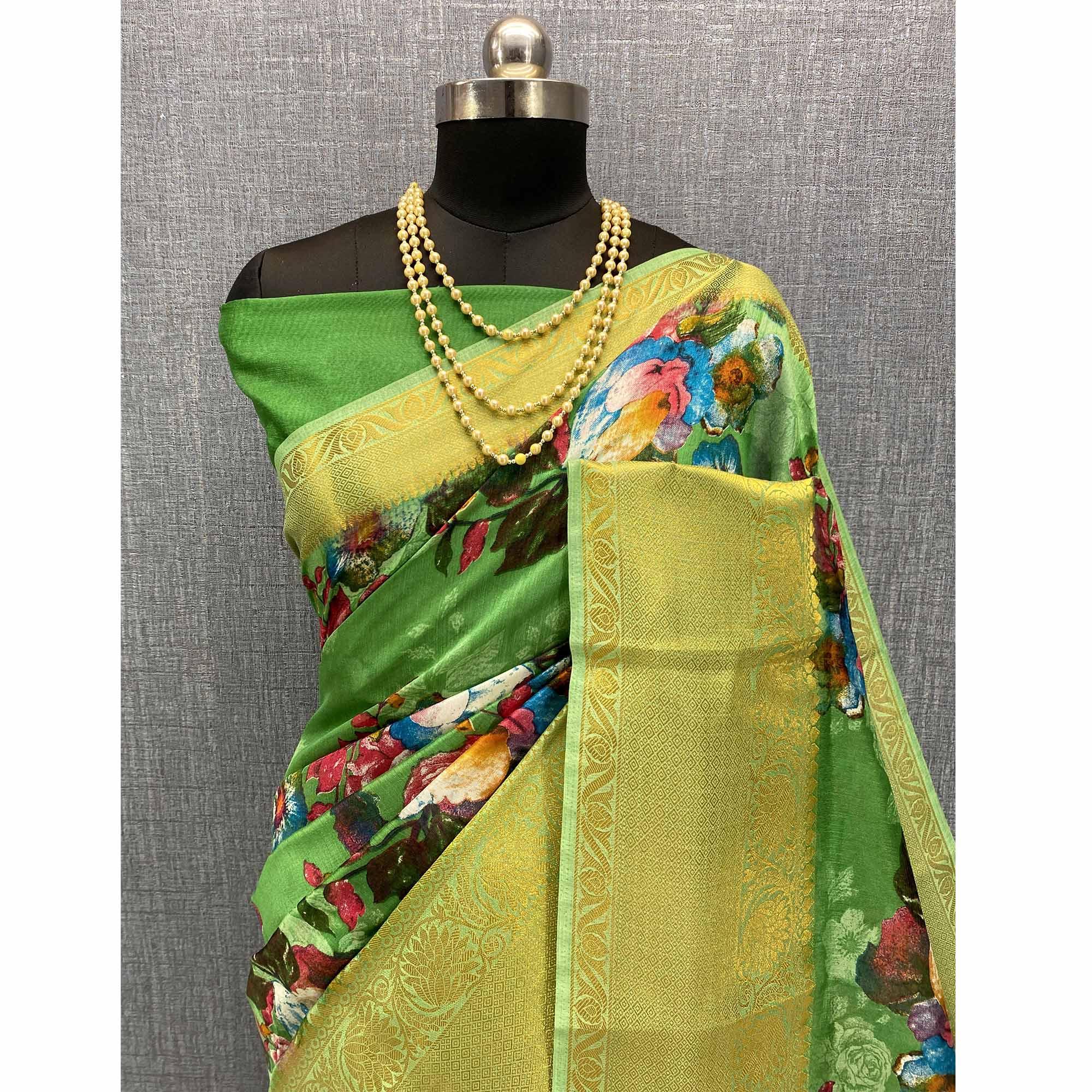 Green Festive Wear Woven & Printed Chanderi Silk Saree - Peachmode