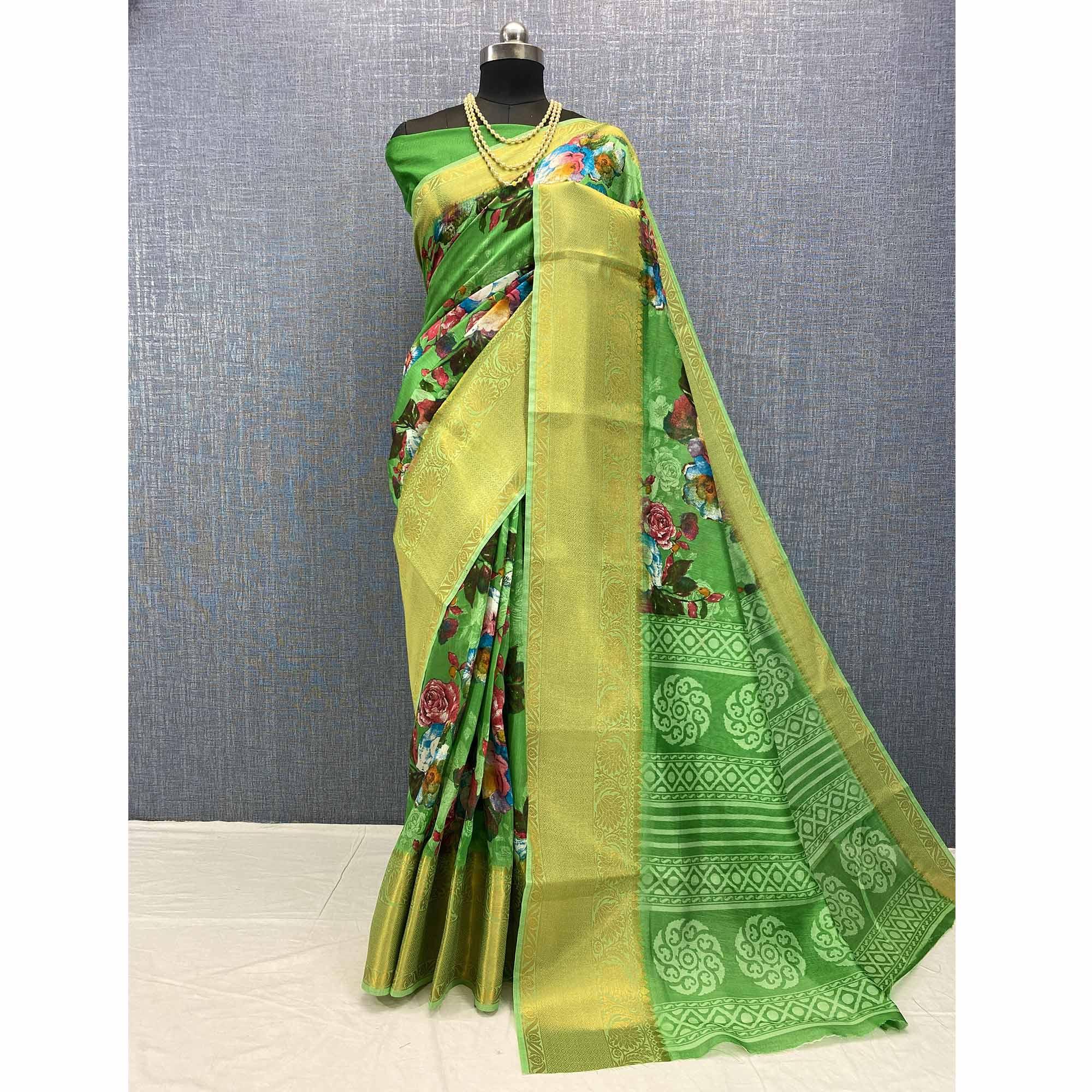 Green Festive Wear Woven & Printed Chanderi Silk Saree - Peachmode