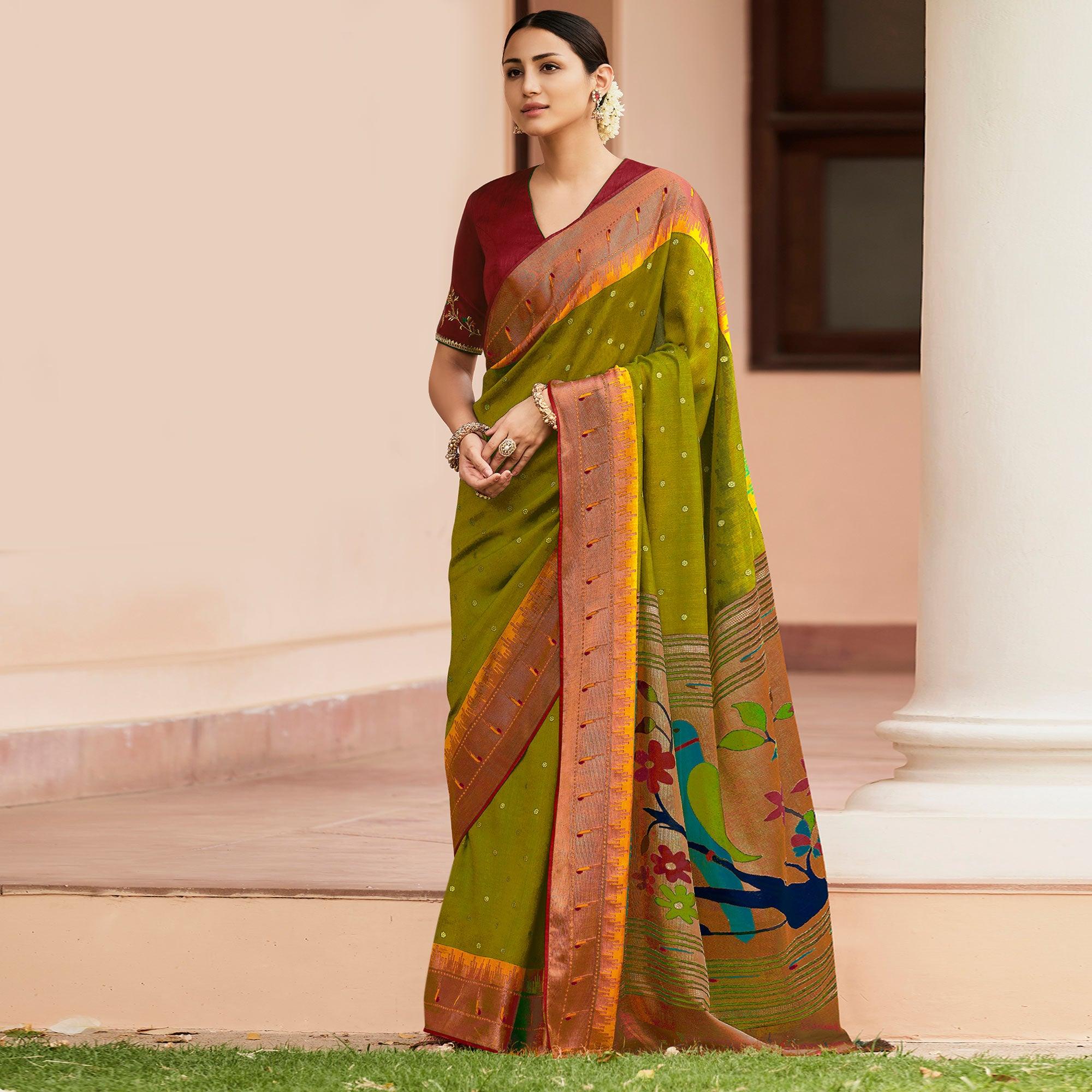 Green Festive Wear Woven & Printed Paithani Silk Saree - Peachmode