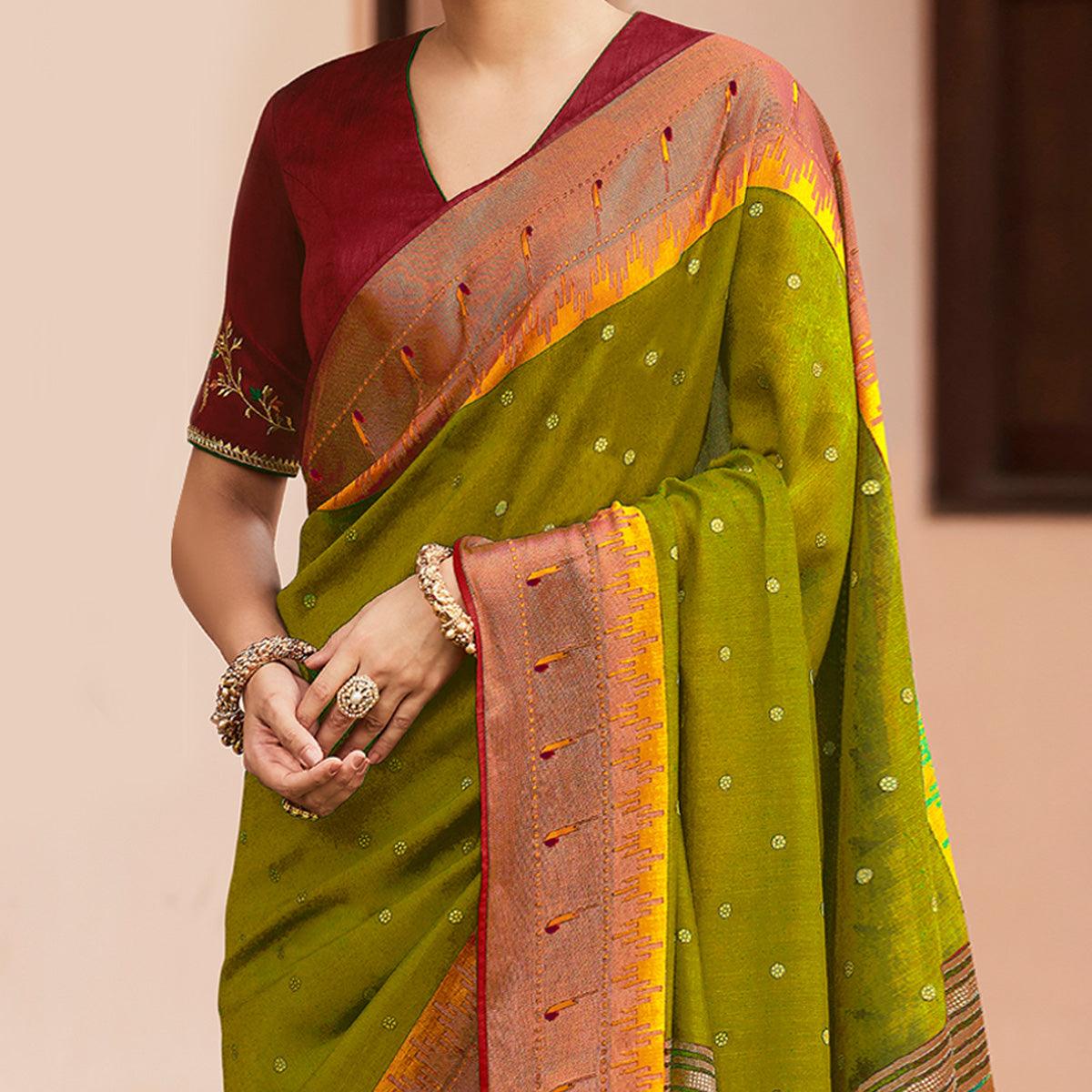 Green Festive Wear Woven & Printed Paithani Silk Saree - Peachmode