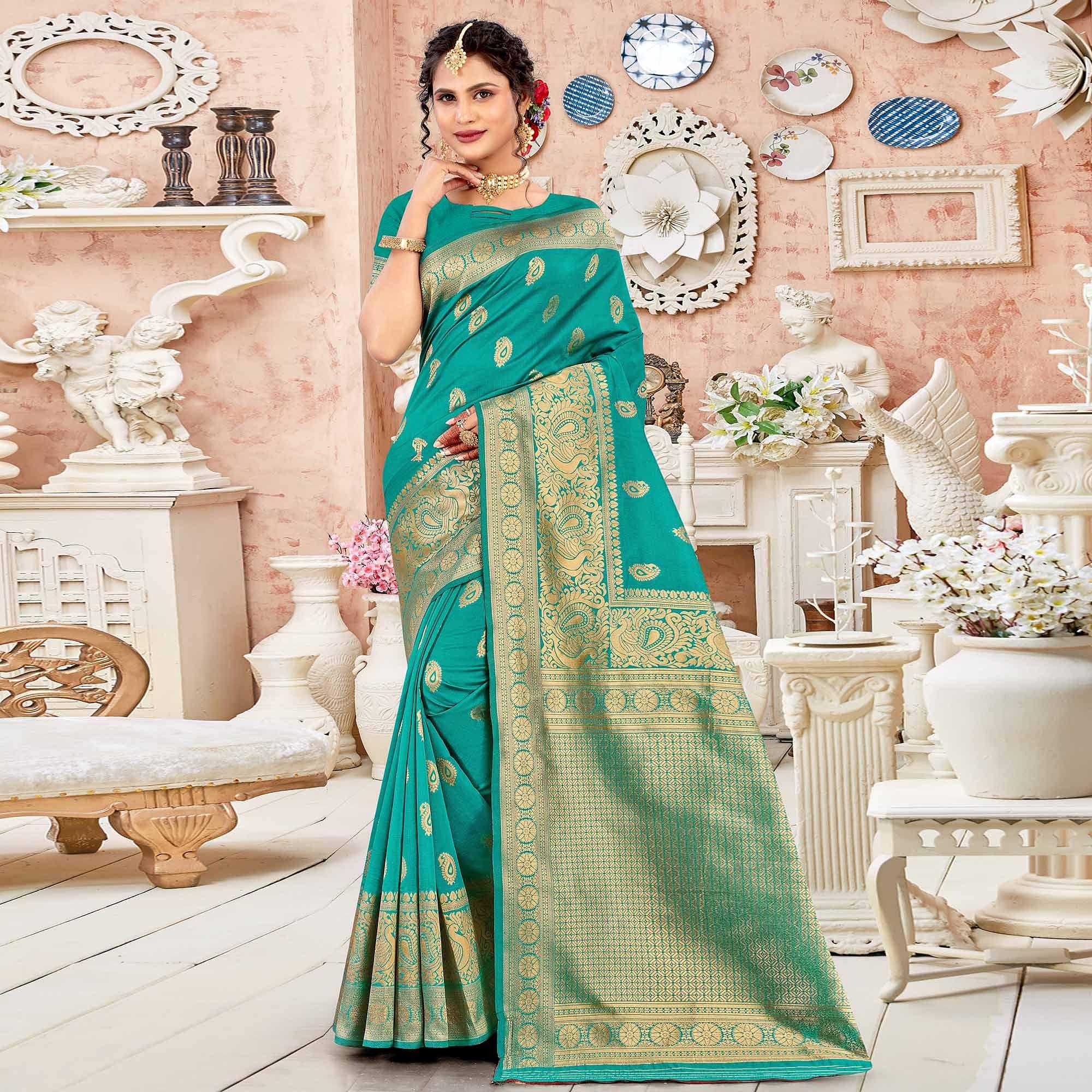 Green Festive Wear Woven Art Silk Sare - Peachmode