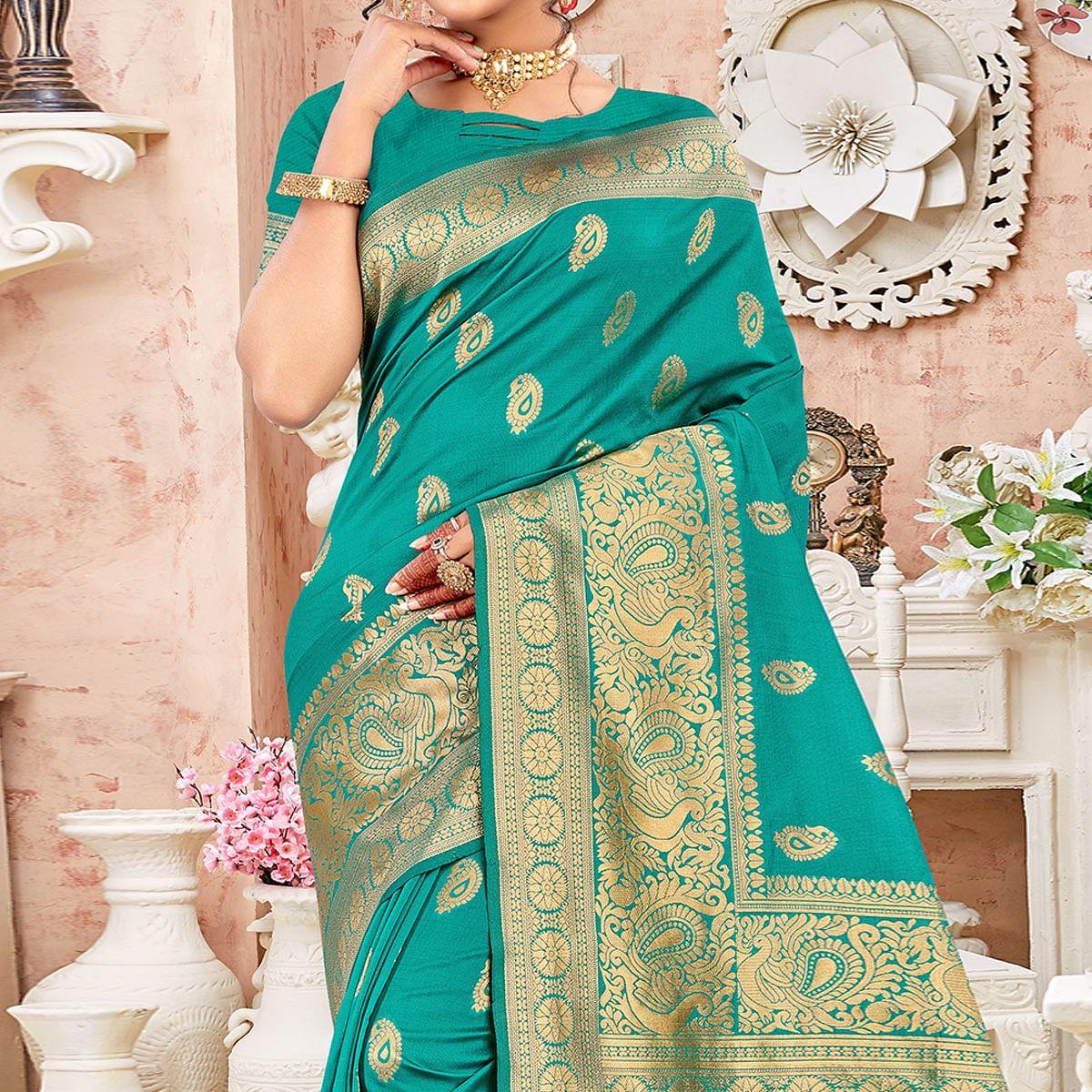 Green Festive Wear Woven Art Silk Sare - Peachmode