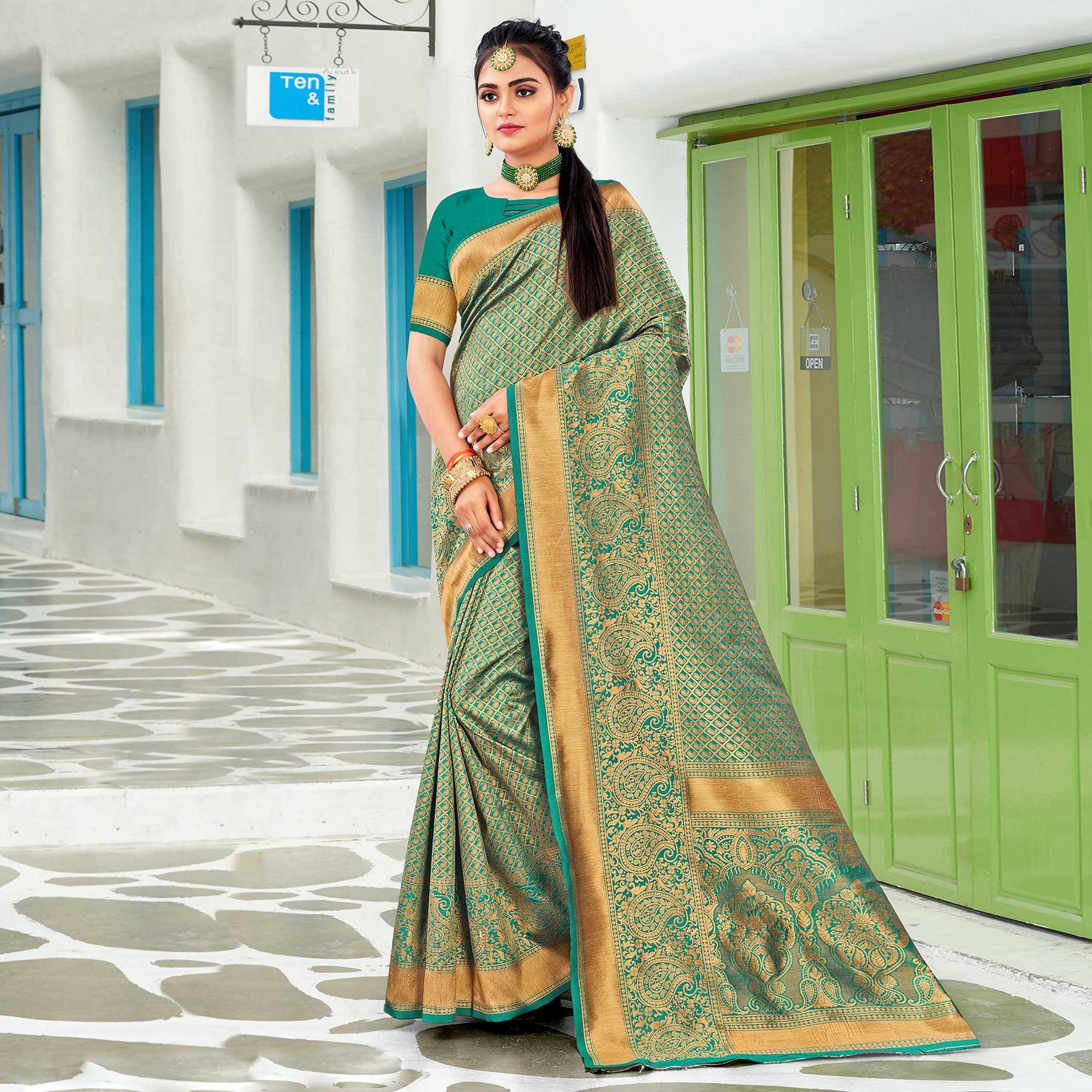 Green Festive Wear Woven Art Silk Saree - Peachmode