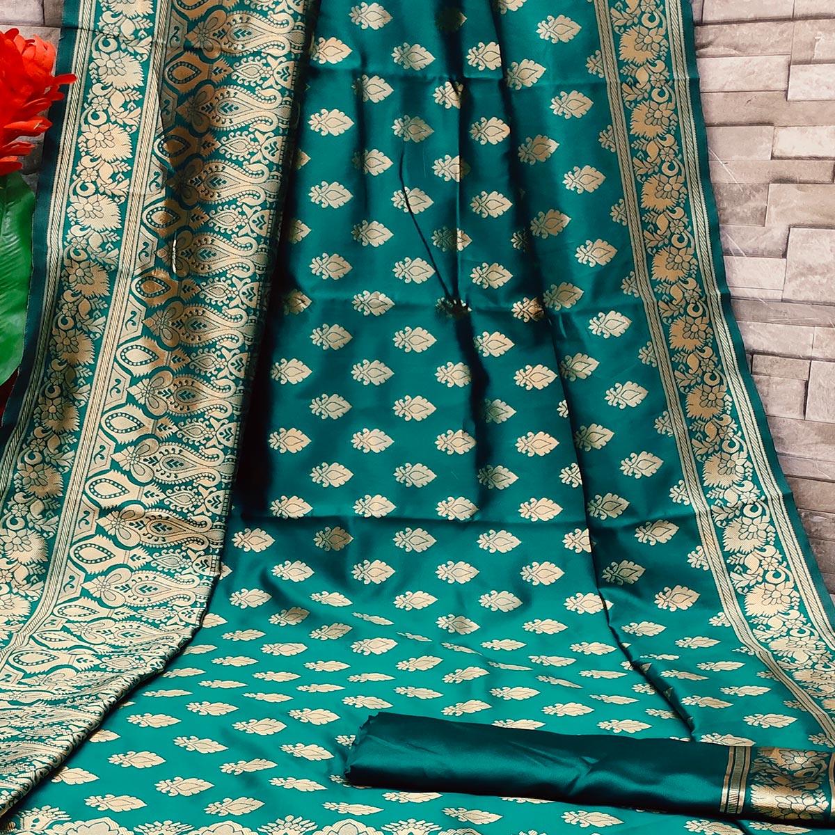 Green Festive Wear Woven Art Silk Saree - Peachmode