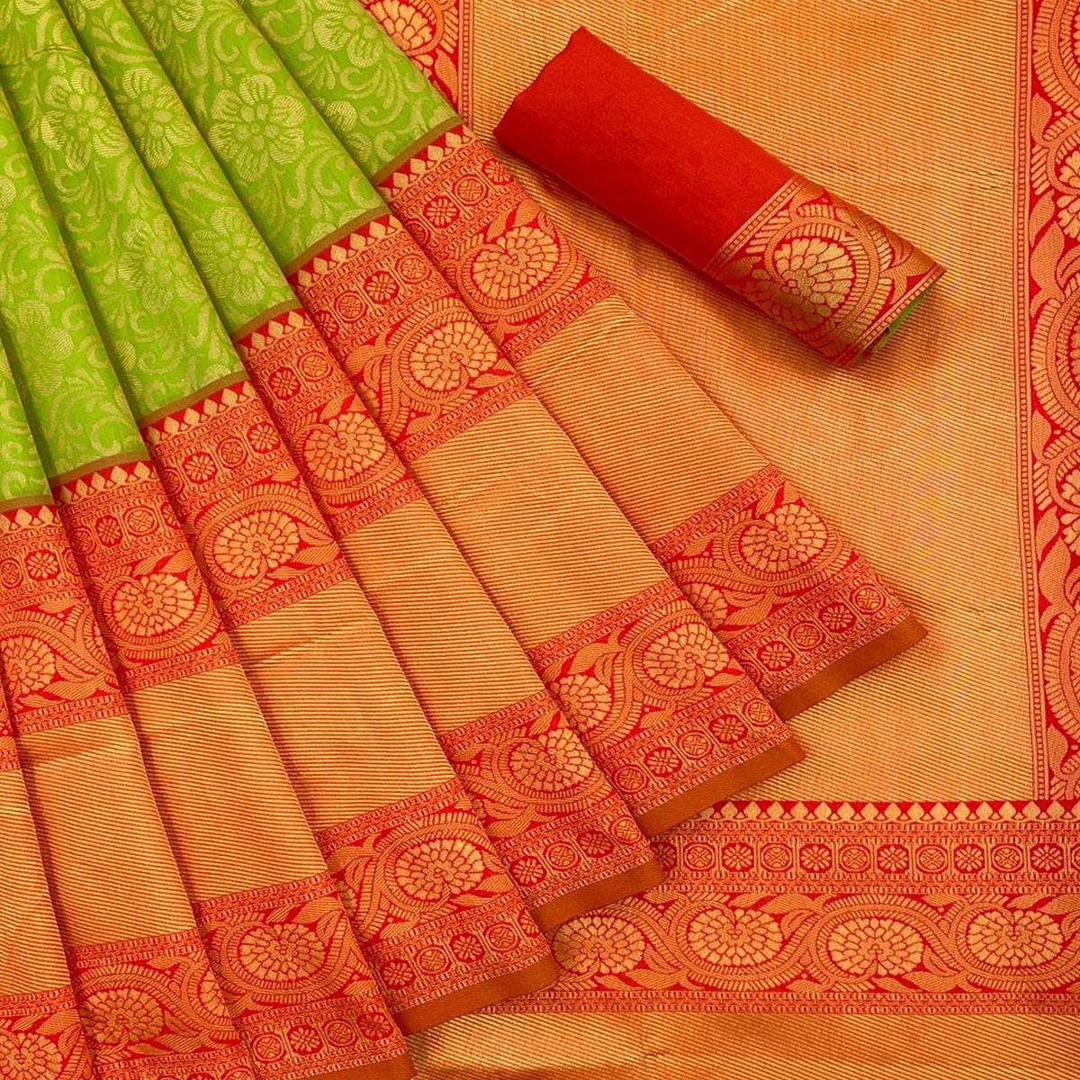 Green Festive Wear Woven Art Silk Saree - Peachmode