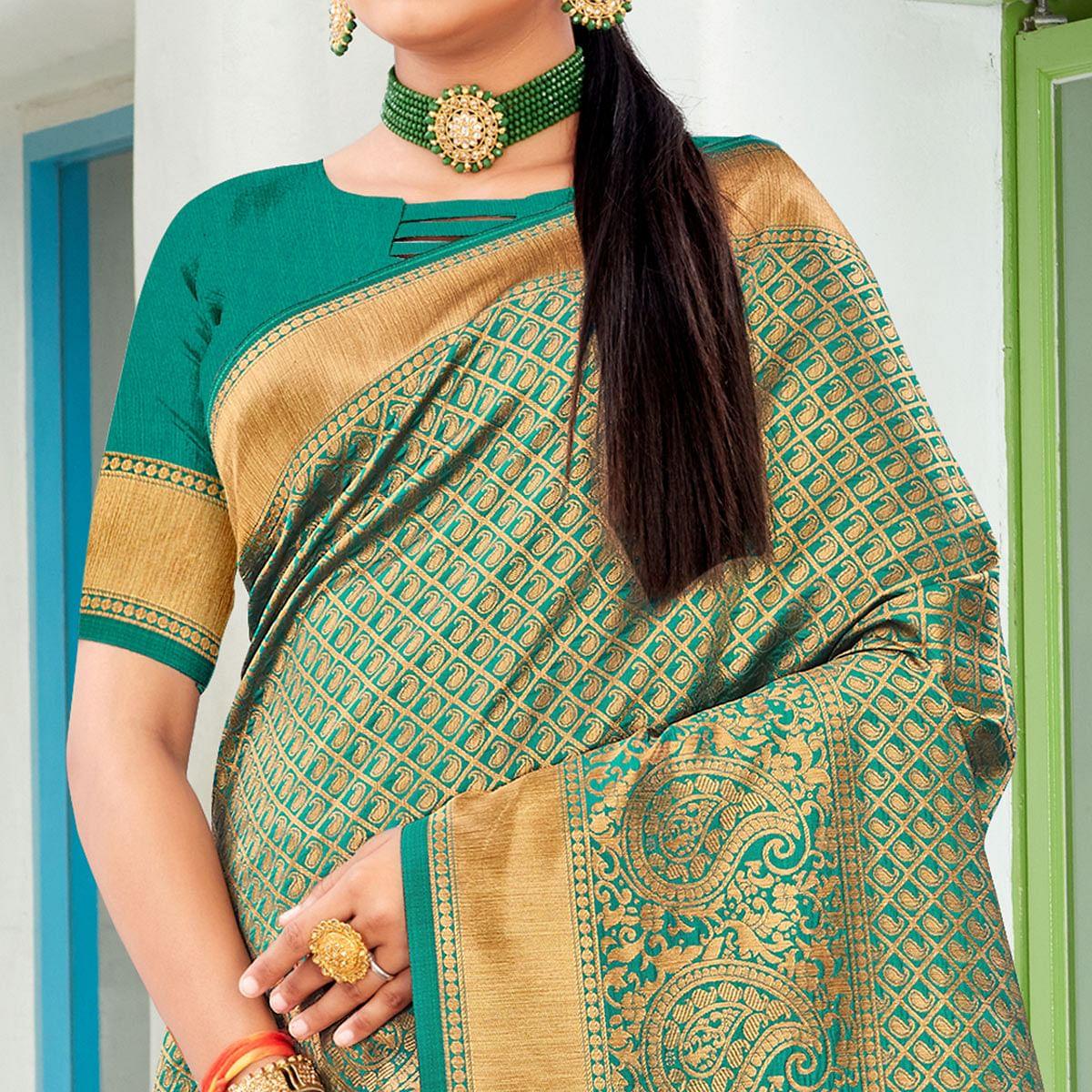 Green Festive Wear Woven Art Silk Saree - Peachmode