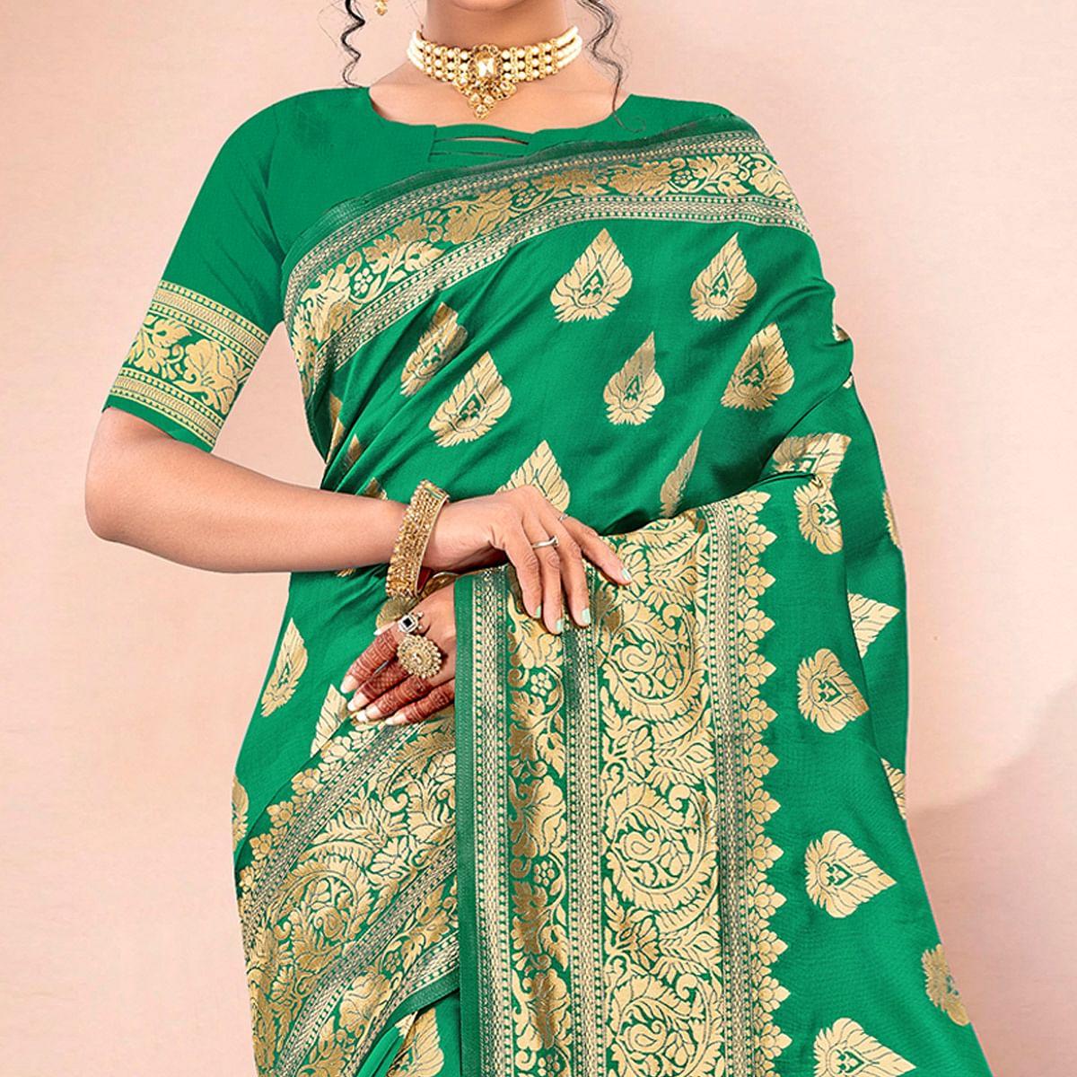 Green Festive Wear Woven Art Silk Saree - Peachmode