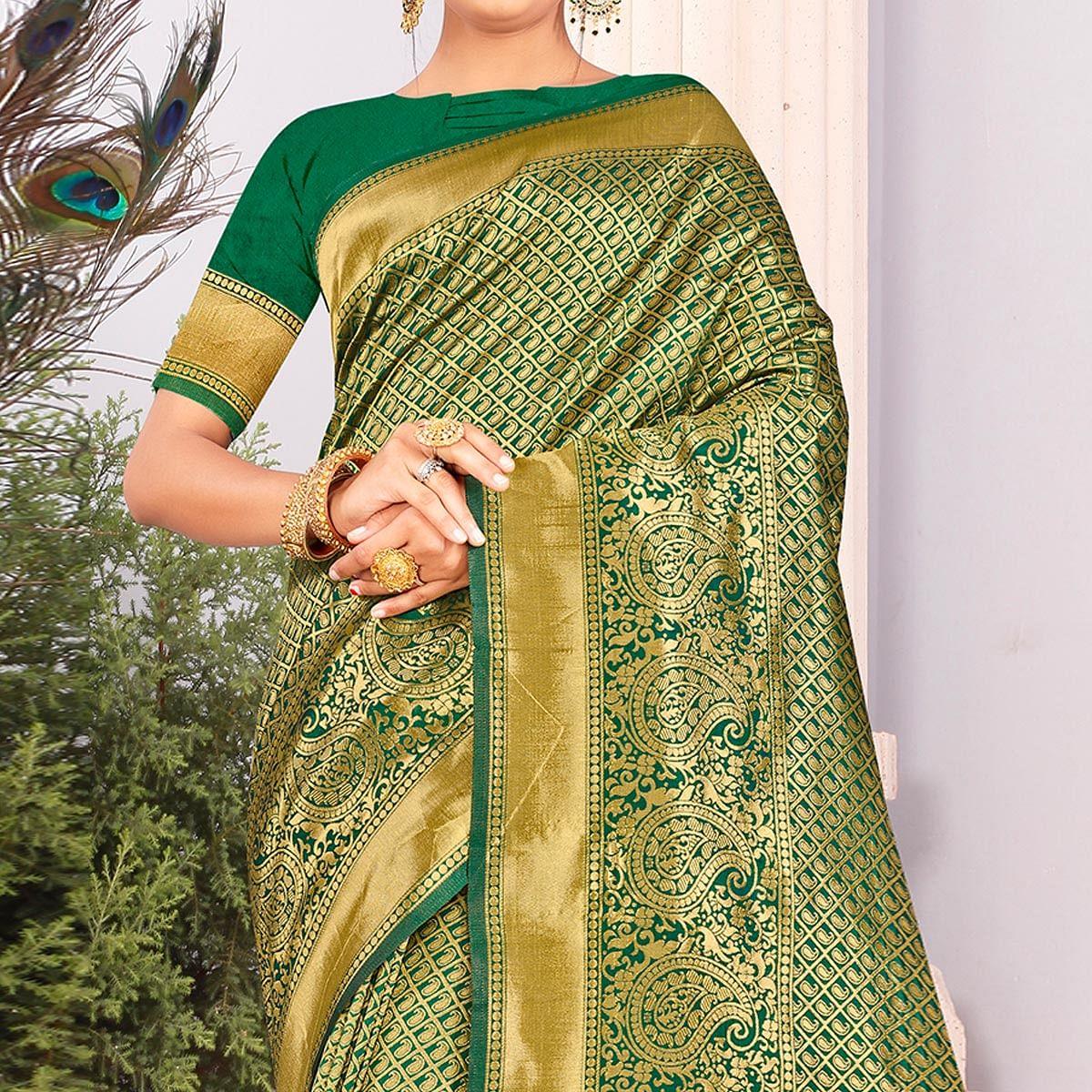 Green Festive Wear Woven Art Silk Saree - Peachmode