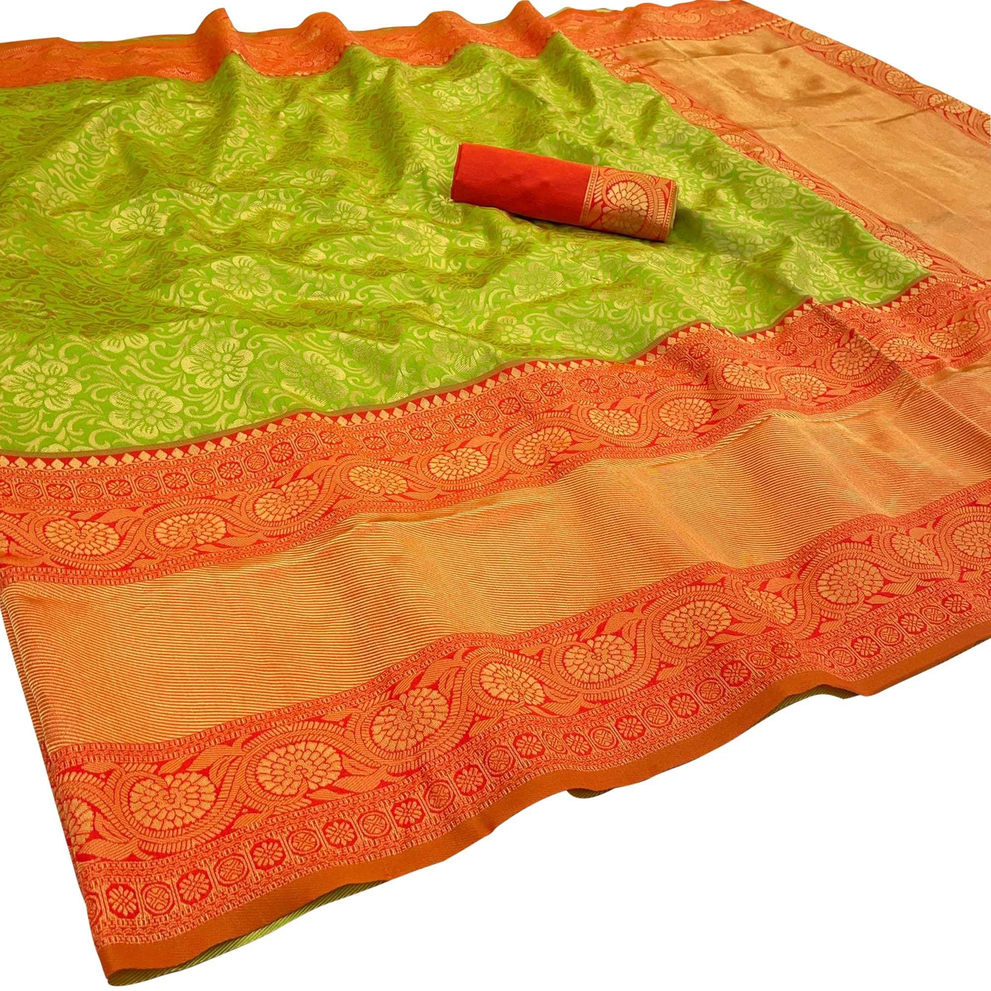 Green Festive Wear Woven Art Silk Saree - Peachmode