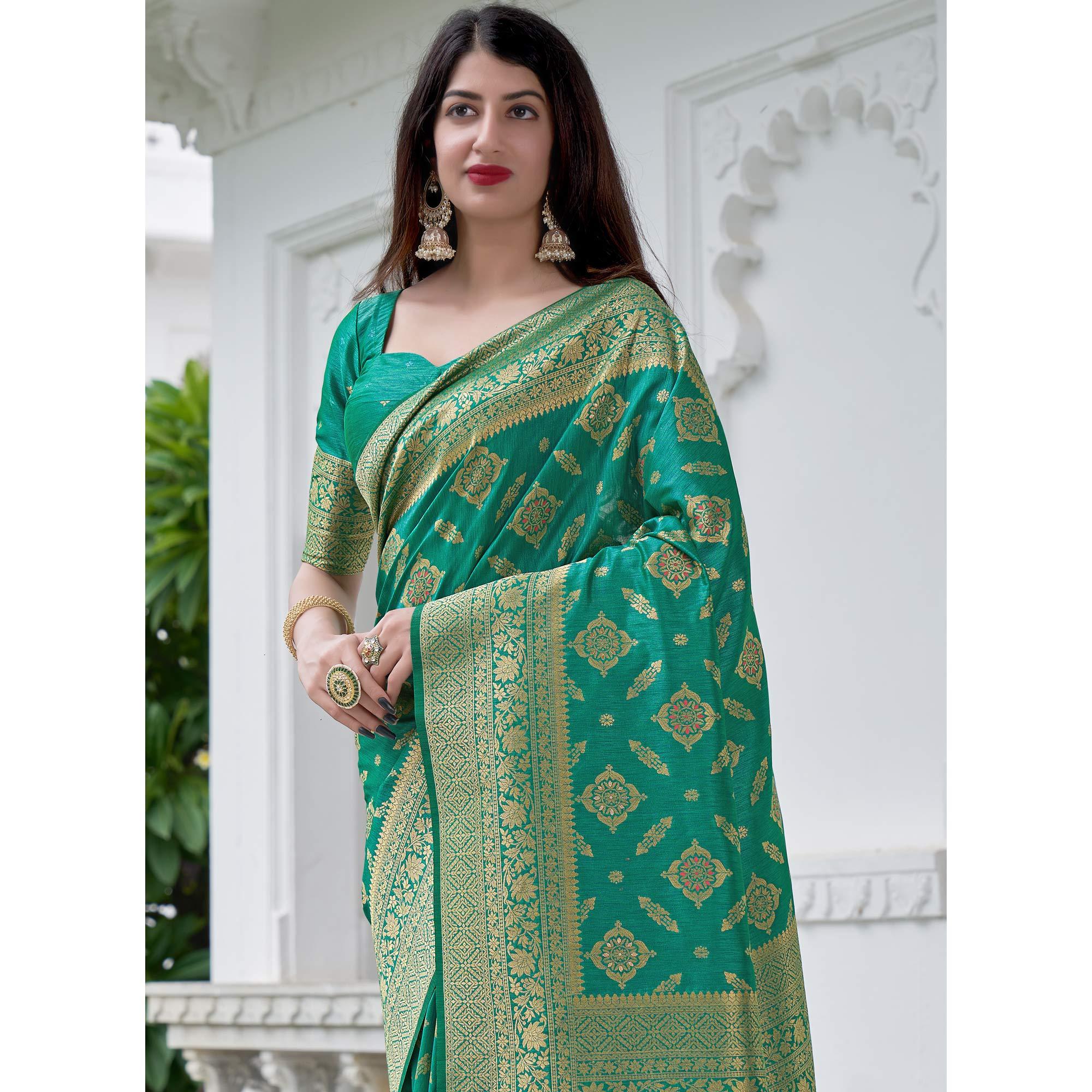Green Festive Wear Woven Banarasi Art Silk Saree - Peachmode