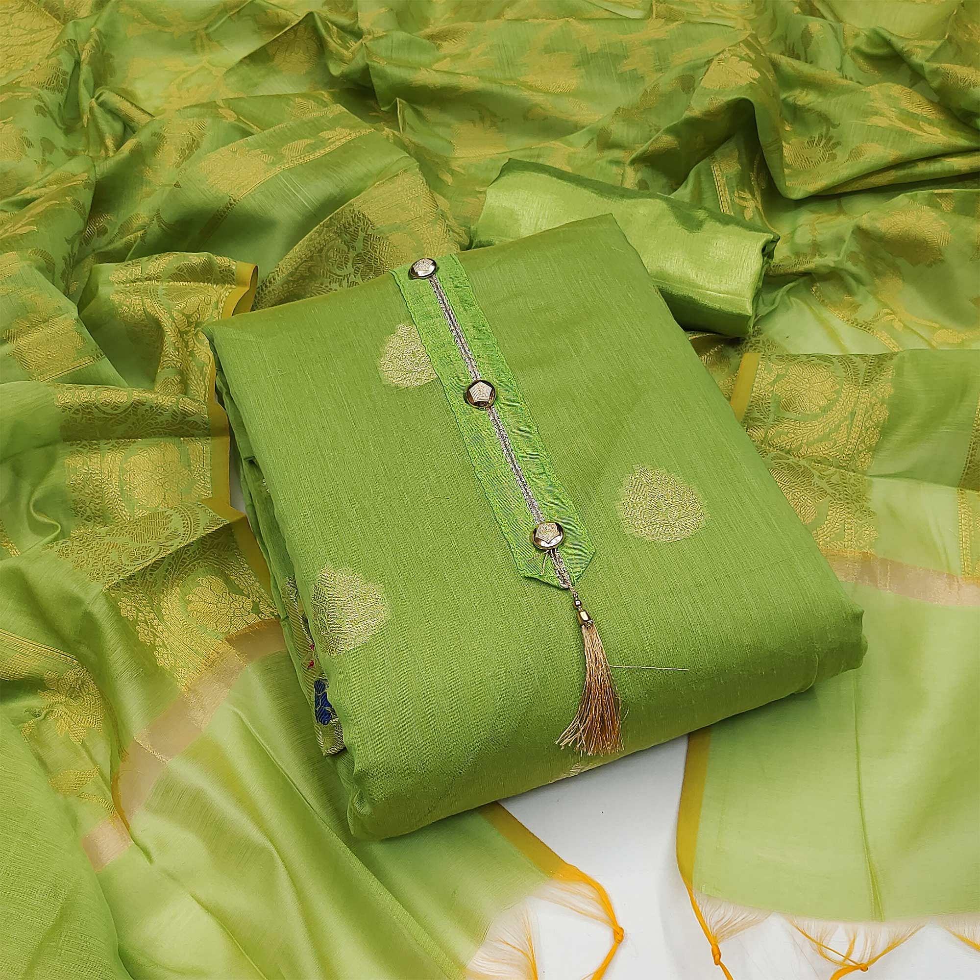 Green Festive Wear Woven Banarasi Jacquard Dress Material - Peachmode
